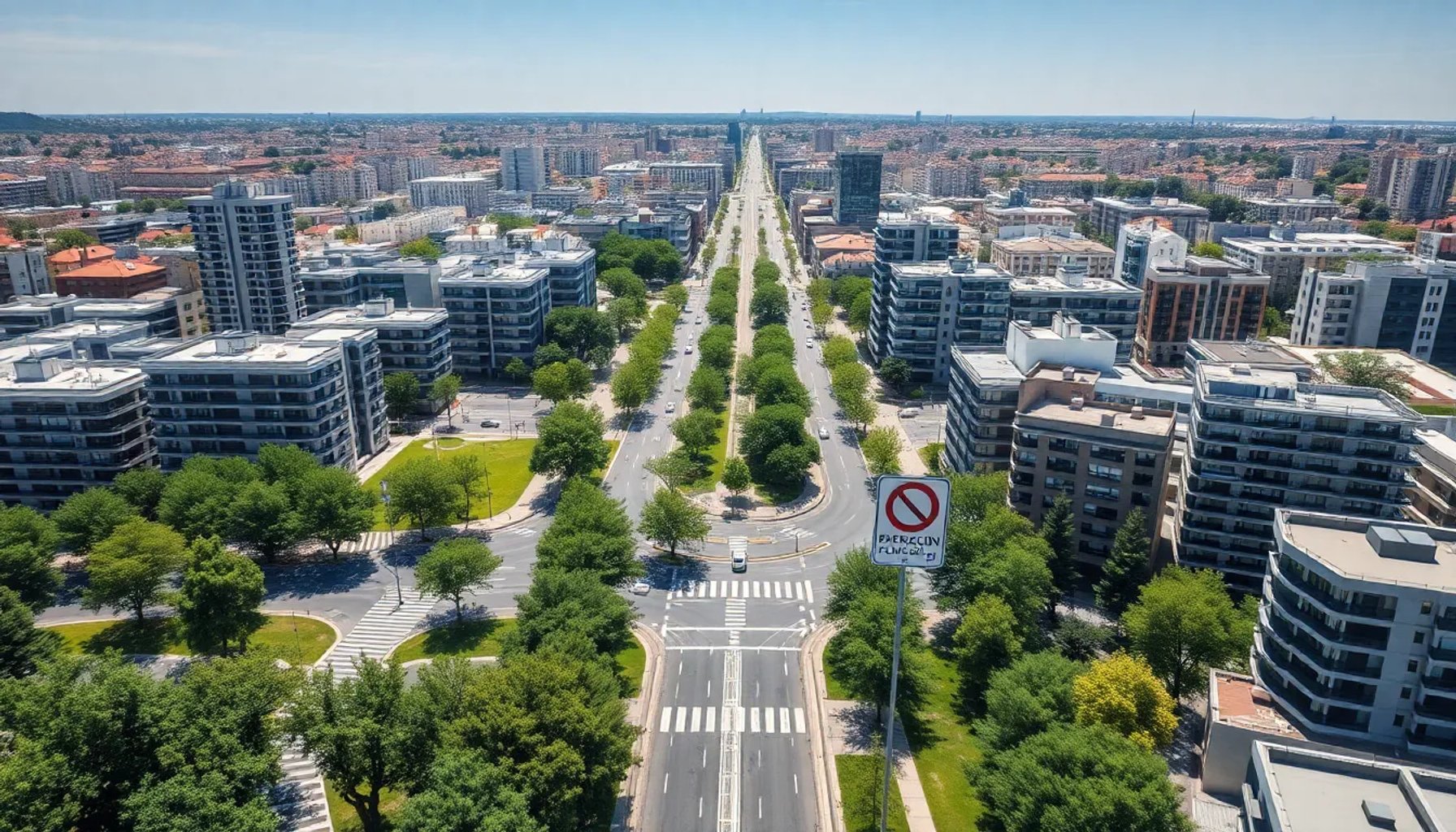 Vista aérea del centro de Alcorcón con señales de la Zona de Bajas Emisiones y tráfico urbano