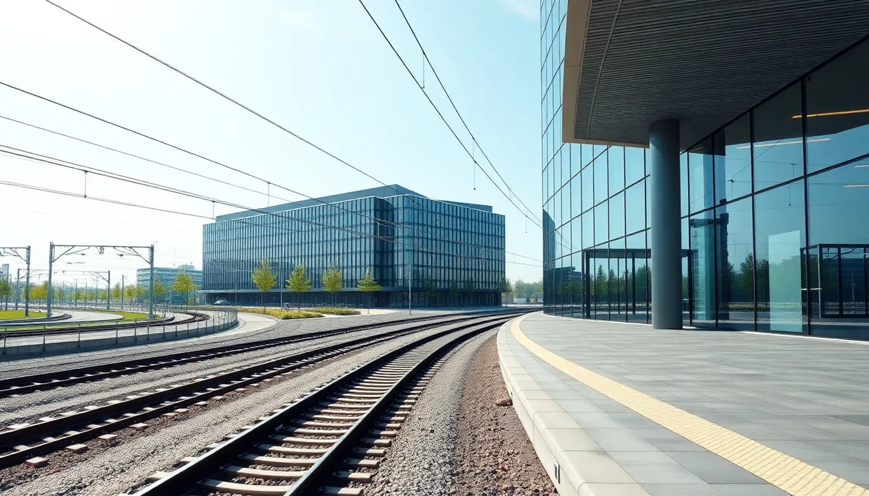 Edificio de la sede de Aldesa con trenes de alta velocidad al fondo