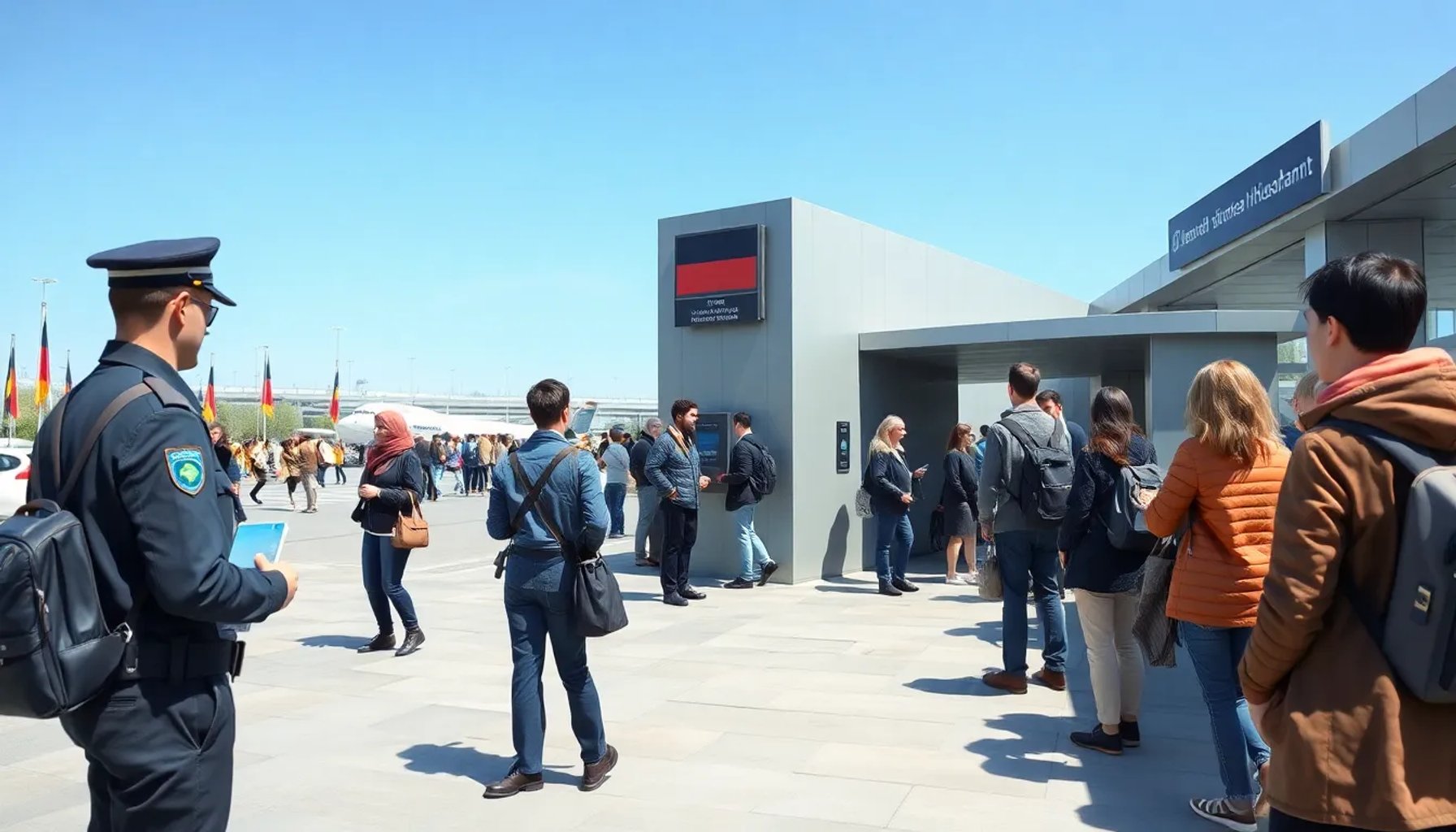 Control fronterizo alemán con oficiales revisando pasaportes biométricos de viajeros