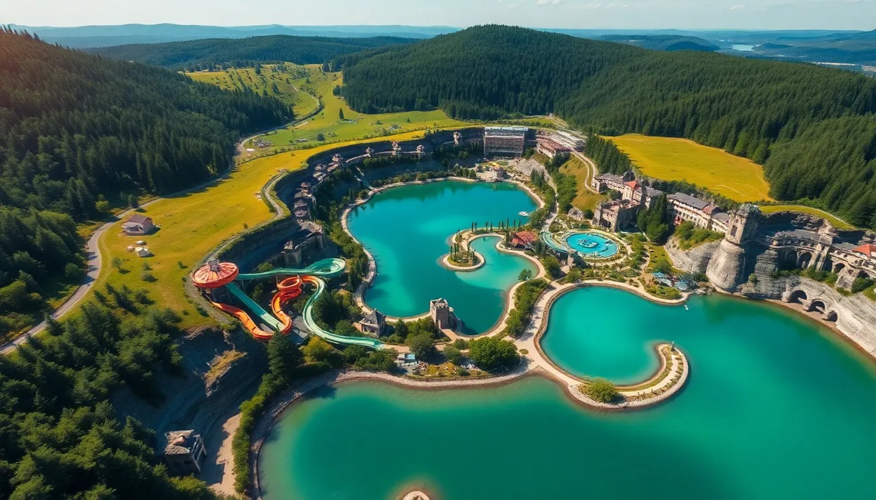 Vista aérea del nuevo parque acuático construido en la antigua cuenca minera, con lagos y toboganes rodeados de vegetación verde