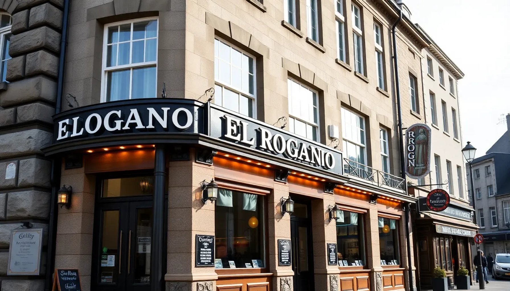 Fachada art déco del restaurante El Rogano en Glasgow, con detalle de sus ventanales y señalización histórica