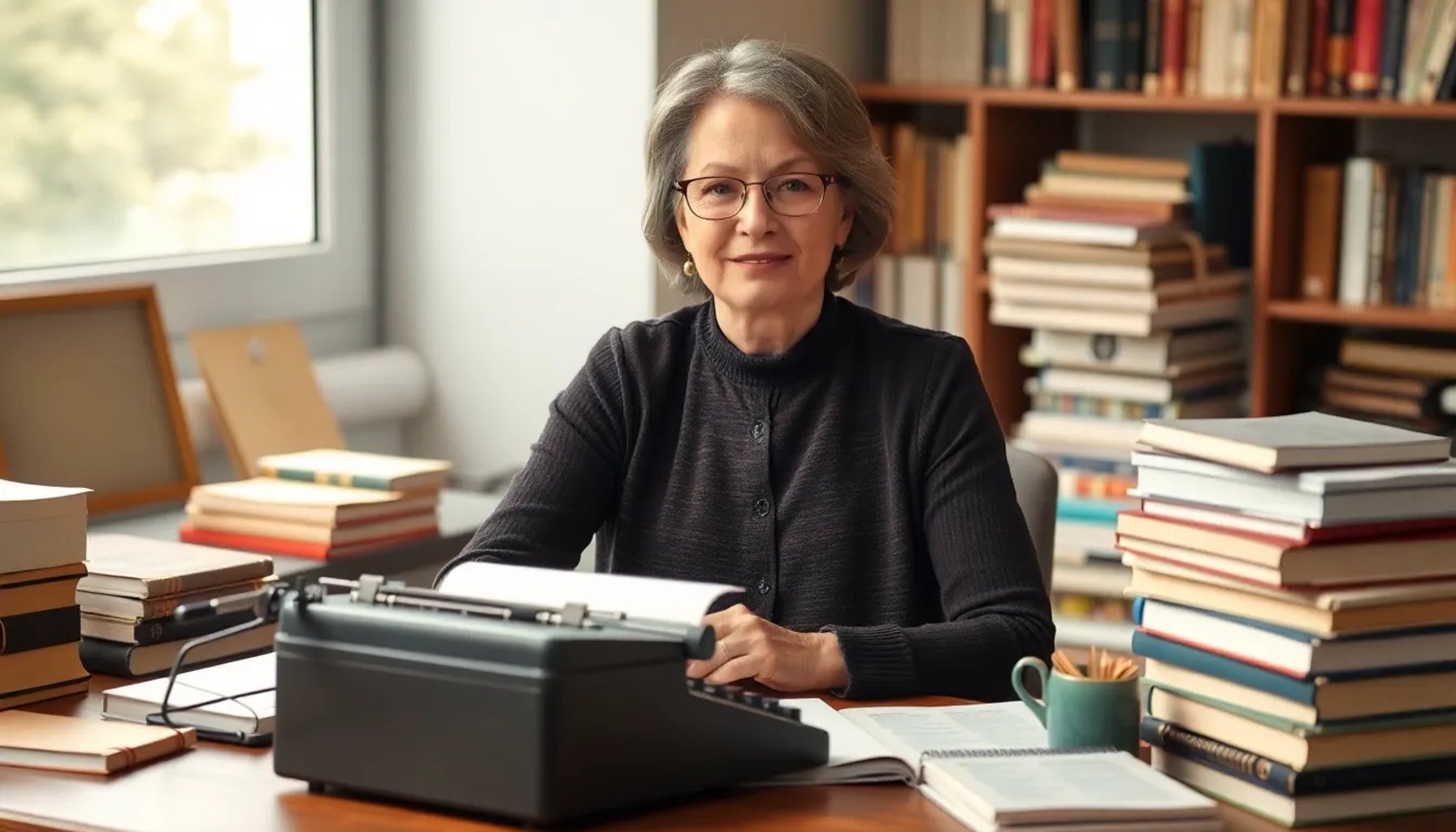 Retrato de la periodista Ana García Romero, sentada en su escritorio con libros y notas alrededor