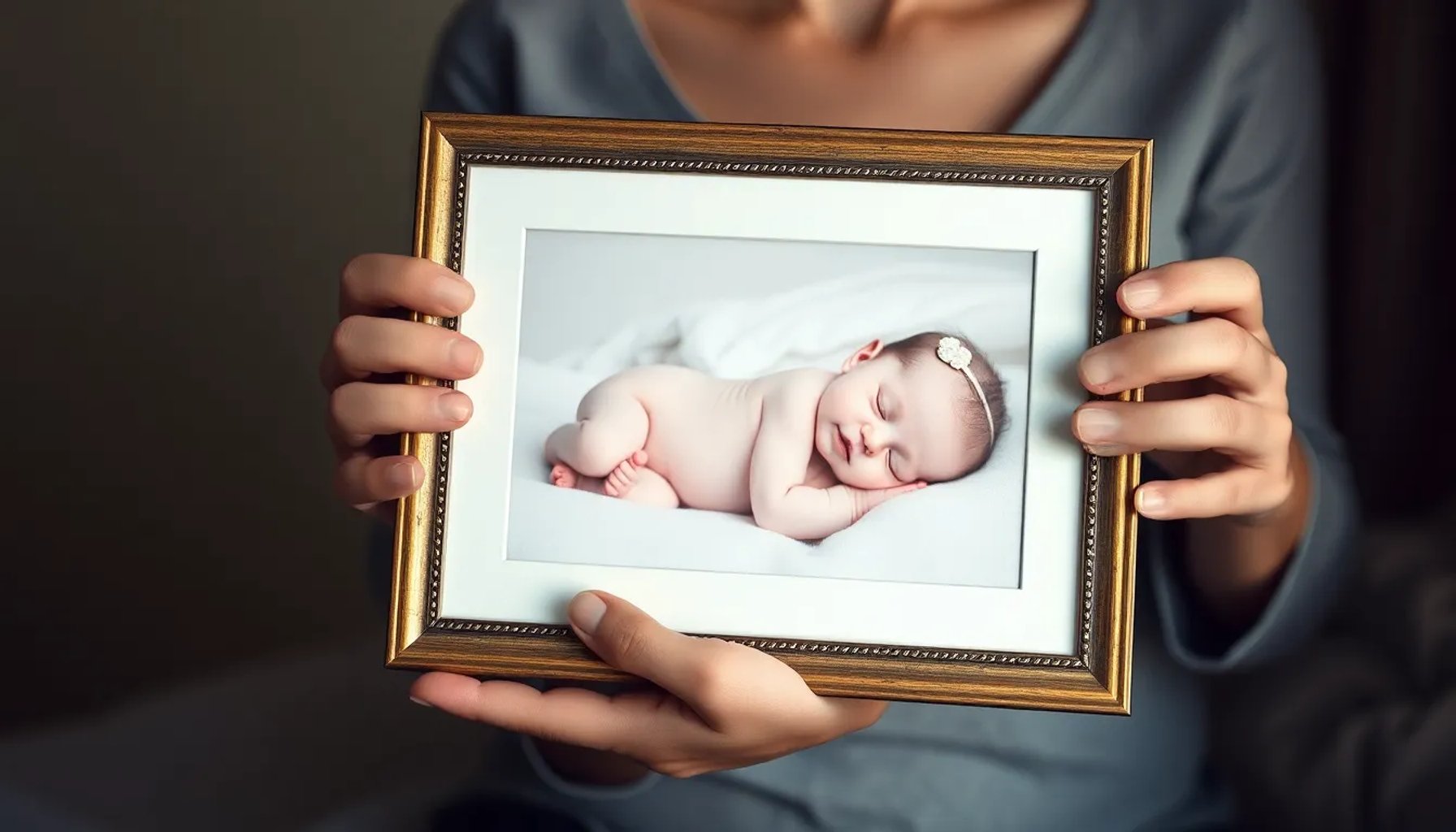 Madre abrazando una foto de su bebé fallecido, simbolizando amor y duelo