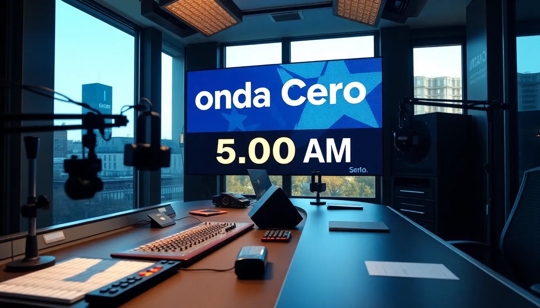 Estudio de Onda Cero al amanecer con micrófonos, mesa de sonido y pantalla de noticias