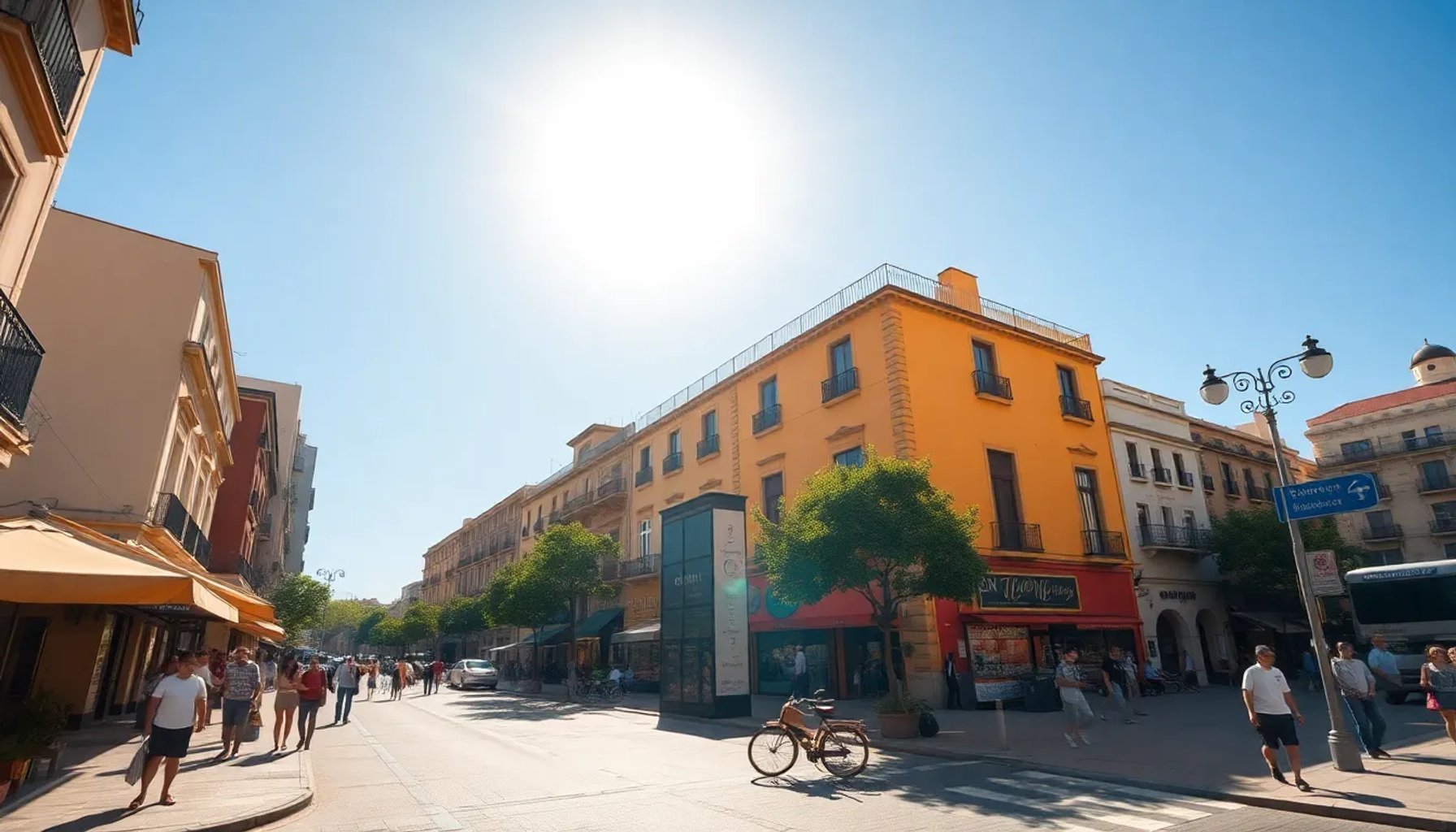 Paisaje urbano español bajo un cielo abrasador con el sol en lo alto y sombras reducidas
