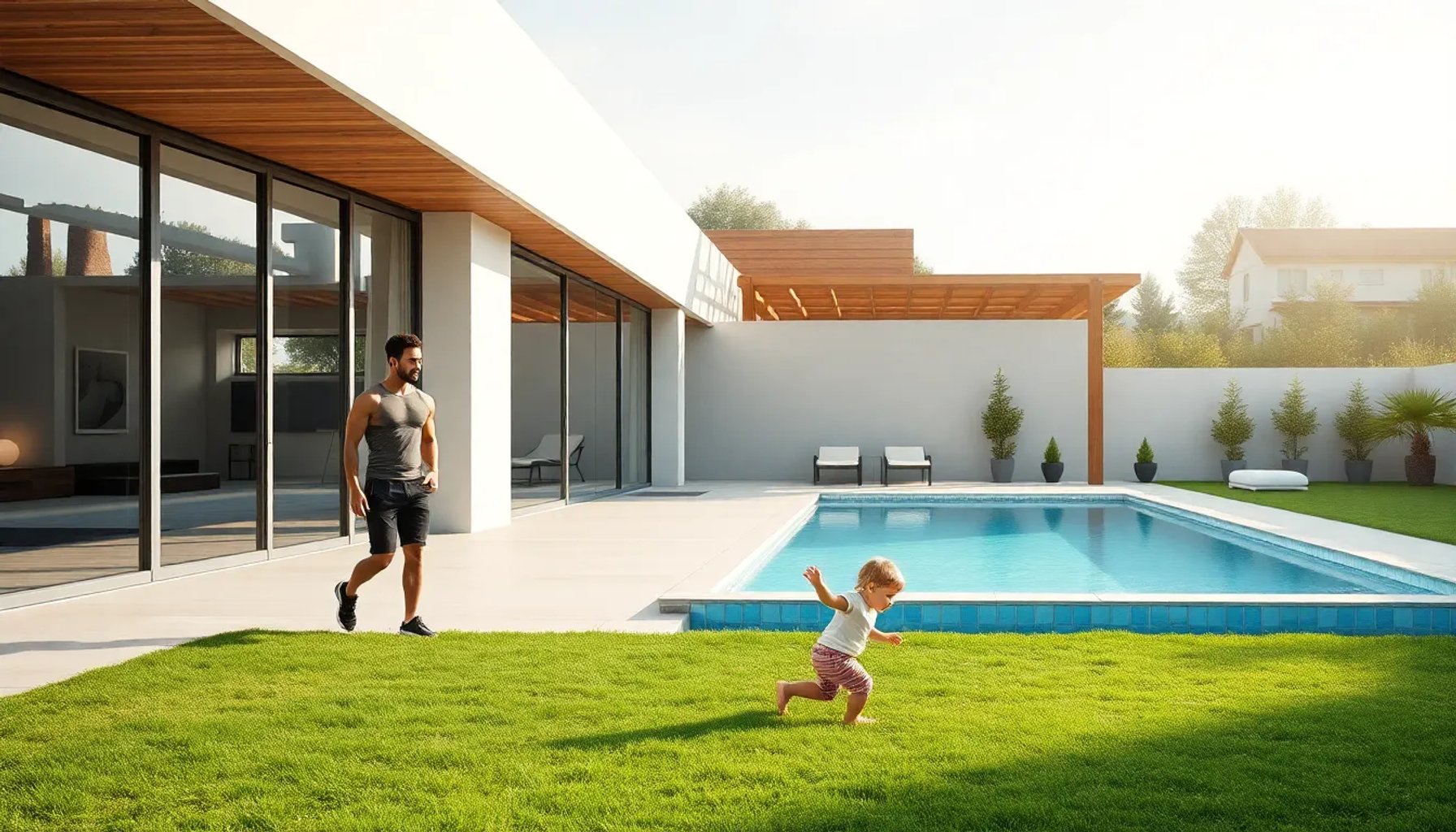 Julián Álvarez y Emilia Ferrero con su bebé Amadeo disfrutando de su amplio jardín minimalista en Madrid