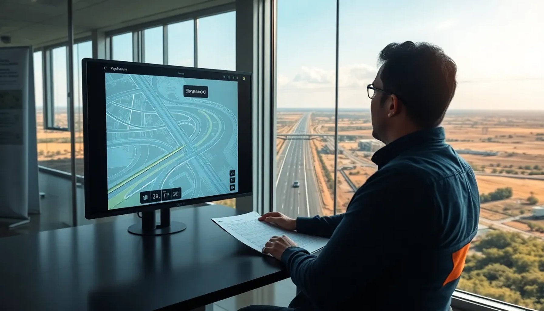 Ingeniero español revisando planos de una autopista mientras se ve una carretera construida en África