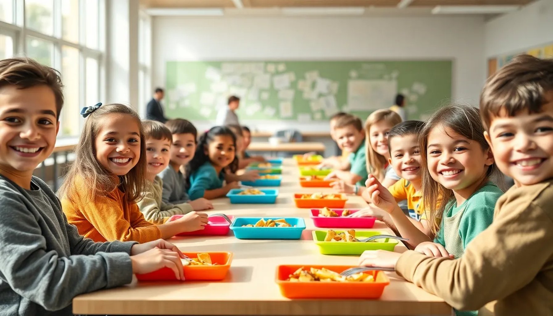 Niños y niñas disfrutando de una comida en el comedor escolar de un centro público de Madrid