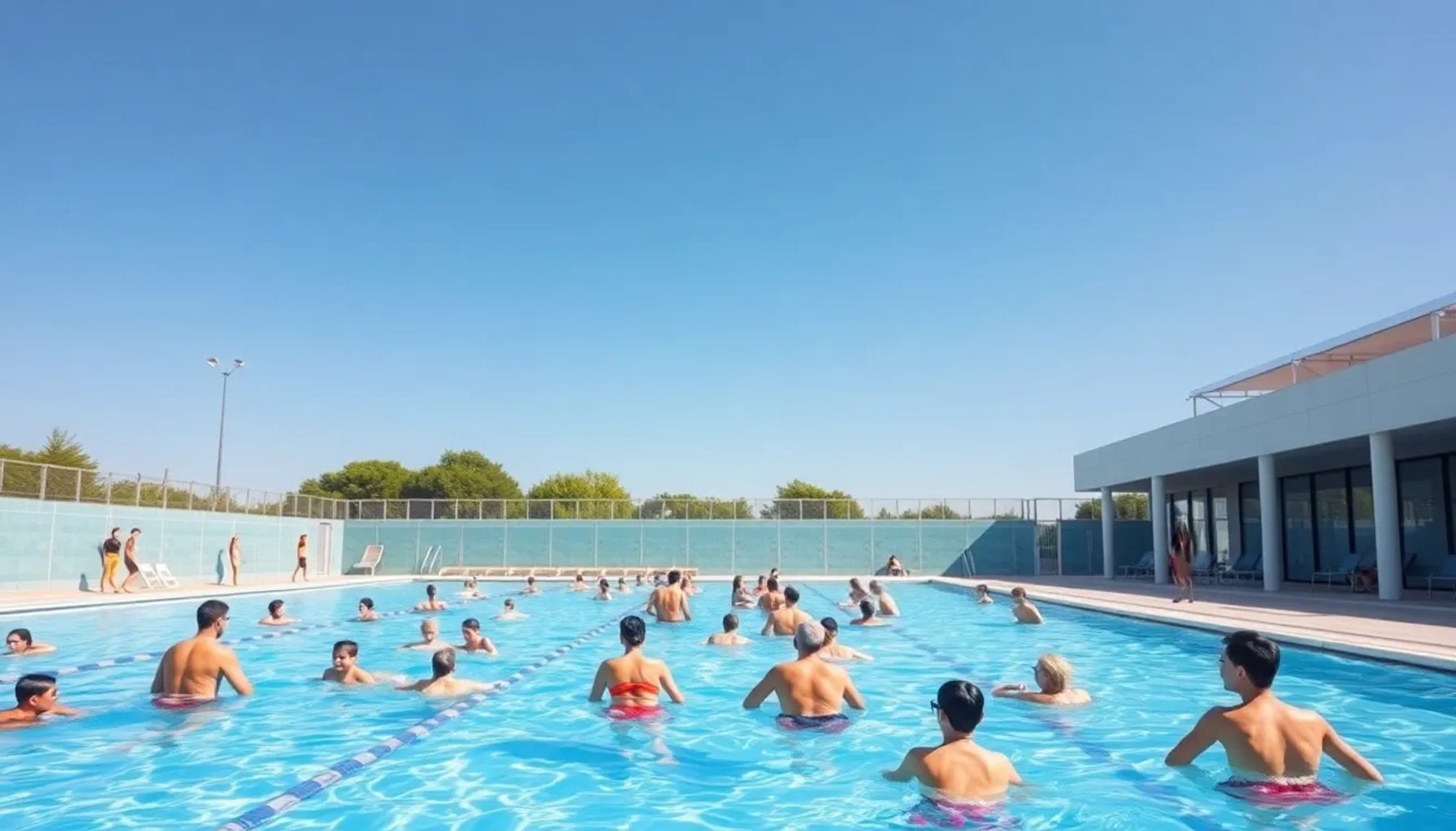 Familias disfrutando de una piscina pública al aire libre bajo un cielo soleado en la Comunidad de Madrid