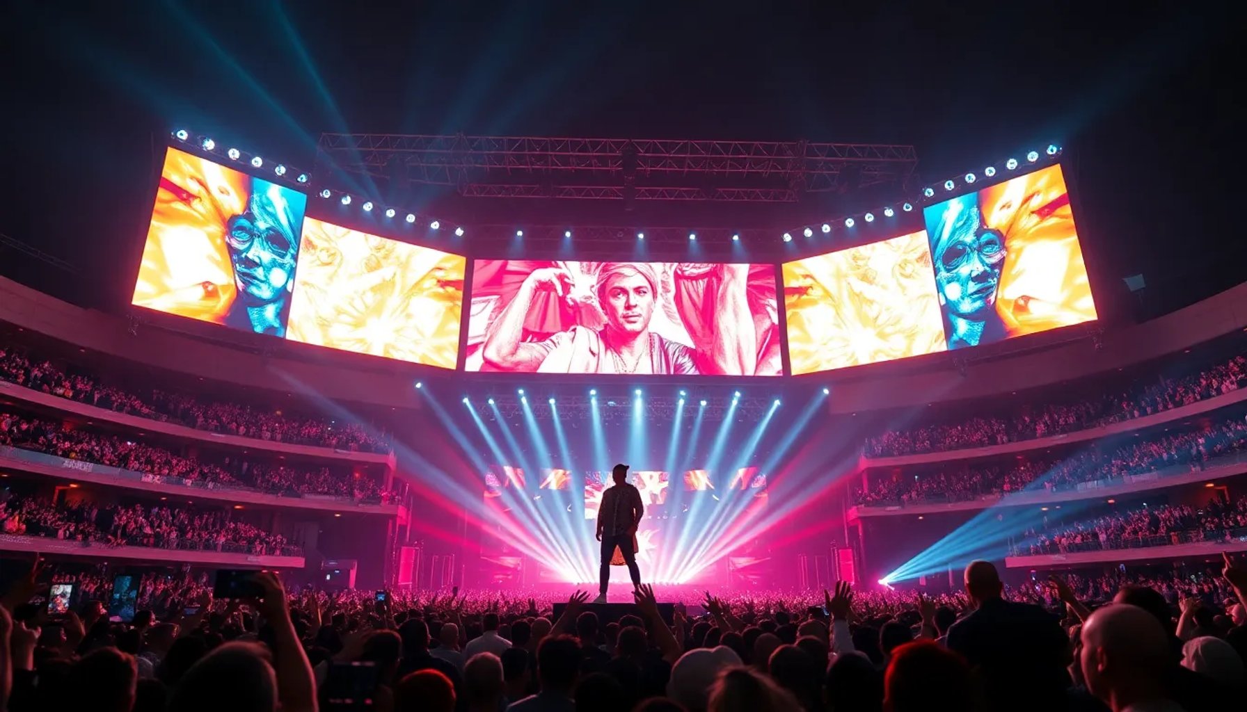 Bad Bunny en el escenario del Palau Sant Jordi, Barcelona, con luces y público emocionado