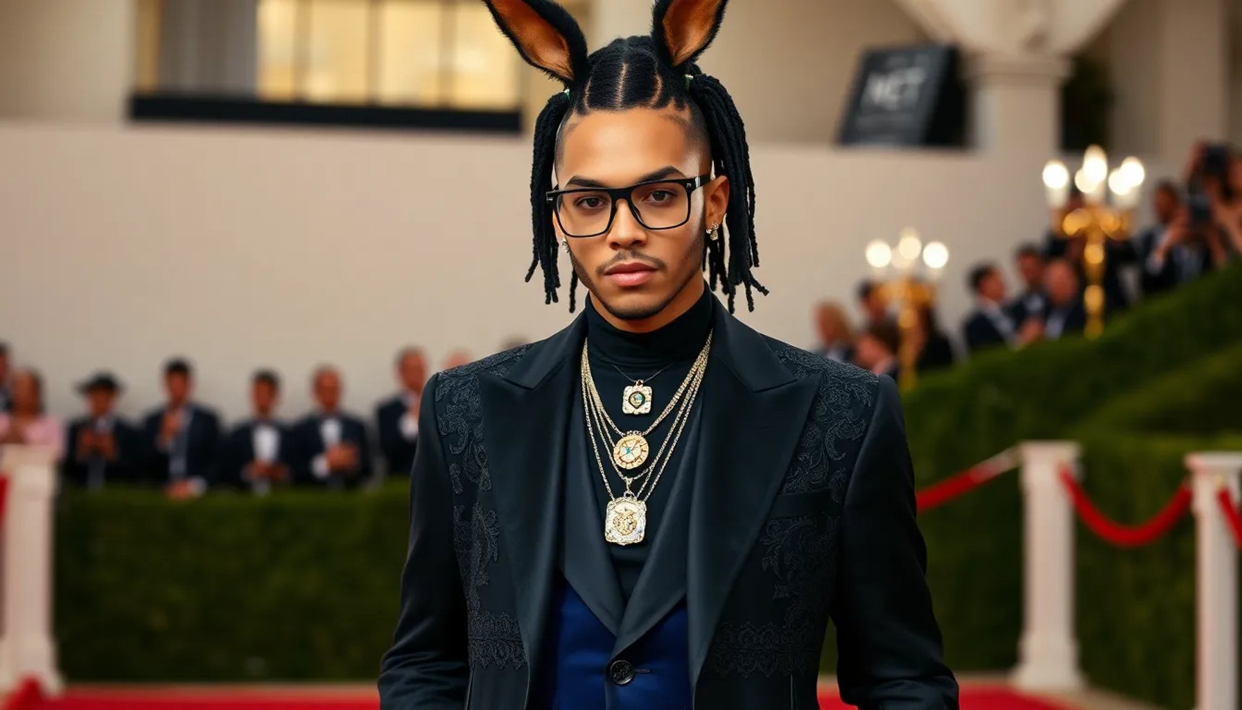 Bad Bunny en la Met Gala 2026 lleva un traje negro con encaje artesanal, organza translúcida y detalles taínos, posando frente a los fotógrafos.