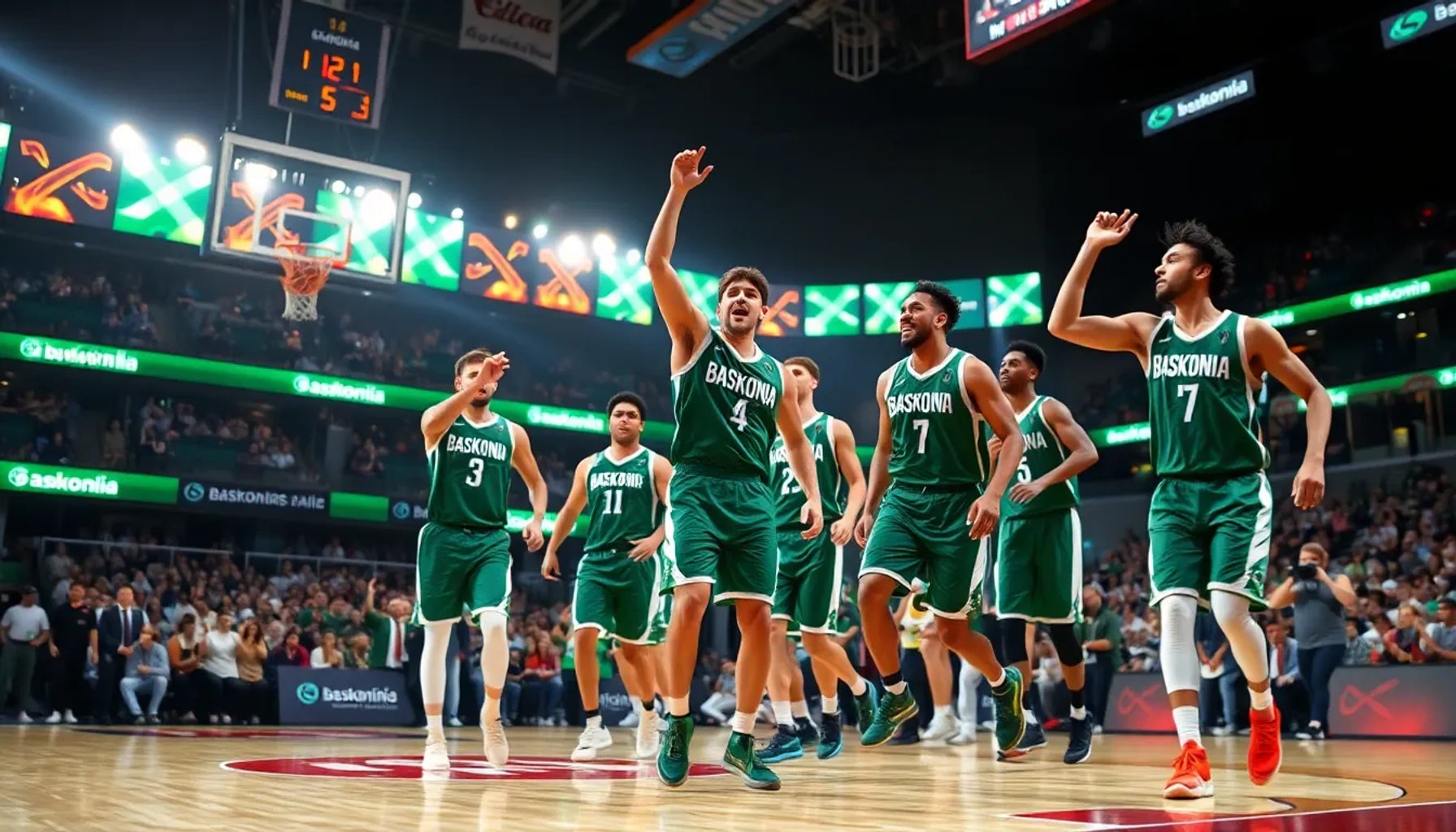 Jugadores del Baskonia celebrando su victoria 121-85 contra el Granada en la cancha