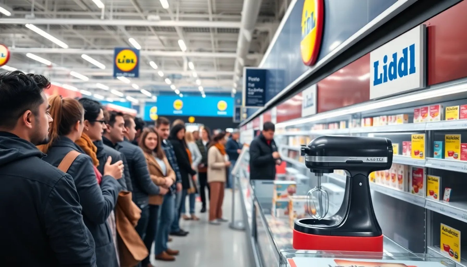 Cliente de Lidl en la fila frente a la entrada de la tienda, esperando la nueva batidora de mano premium de 17,99 euros