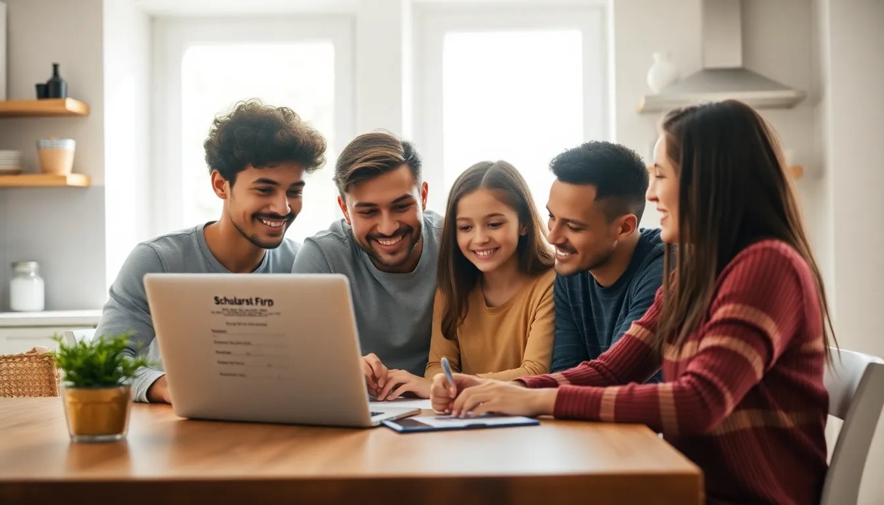 Familia feliz revisando la solicitud de beca para educación infantil en la Comunidad de Madrid