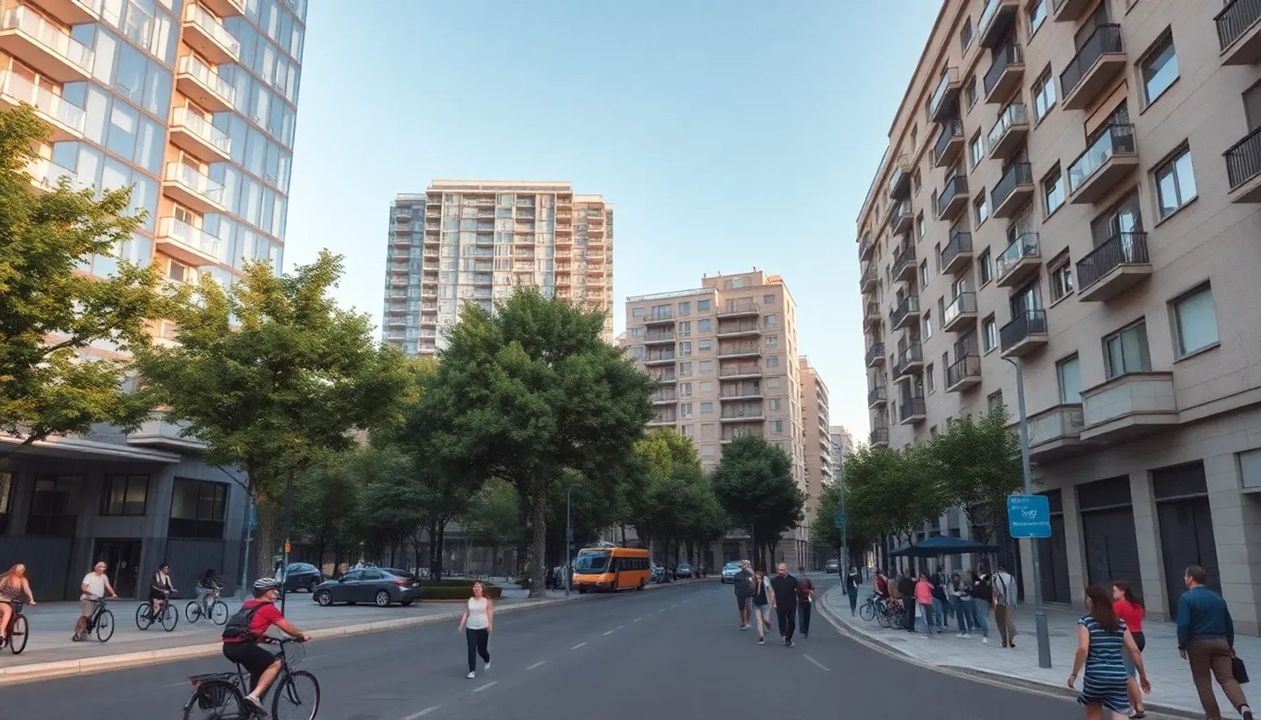 Vista panorámica de la calle Bravo Murillo en Madrid mostrando edificios modernos a un lado y bloques de vivienda social al otro