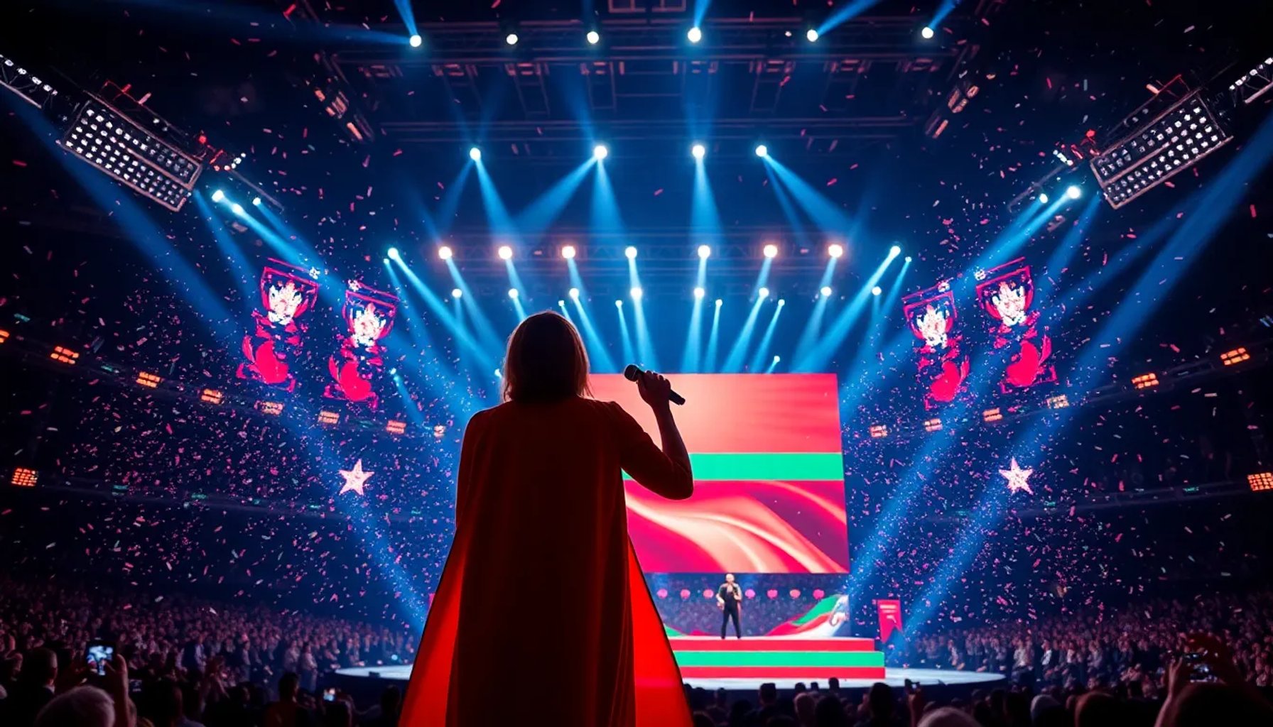 Vesela Ivanova cantando en el escenario de Eurovisión 2026 con luces brillantes y la bandera búlgara ondeando