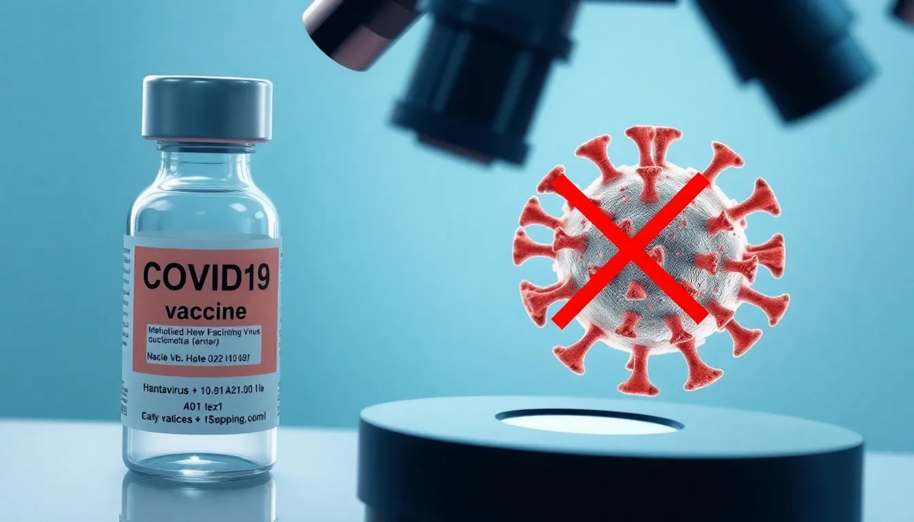 Ilustración de un vial de vacuna COVID-19 junto a un microscopio que muestra el virus del hantavirus