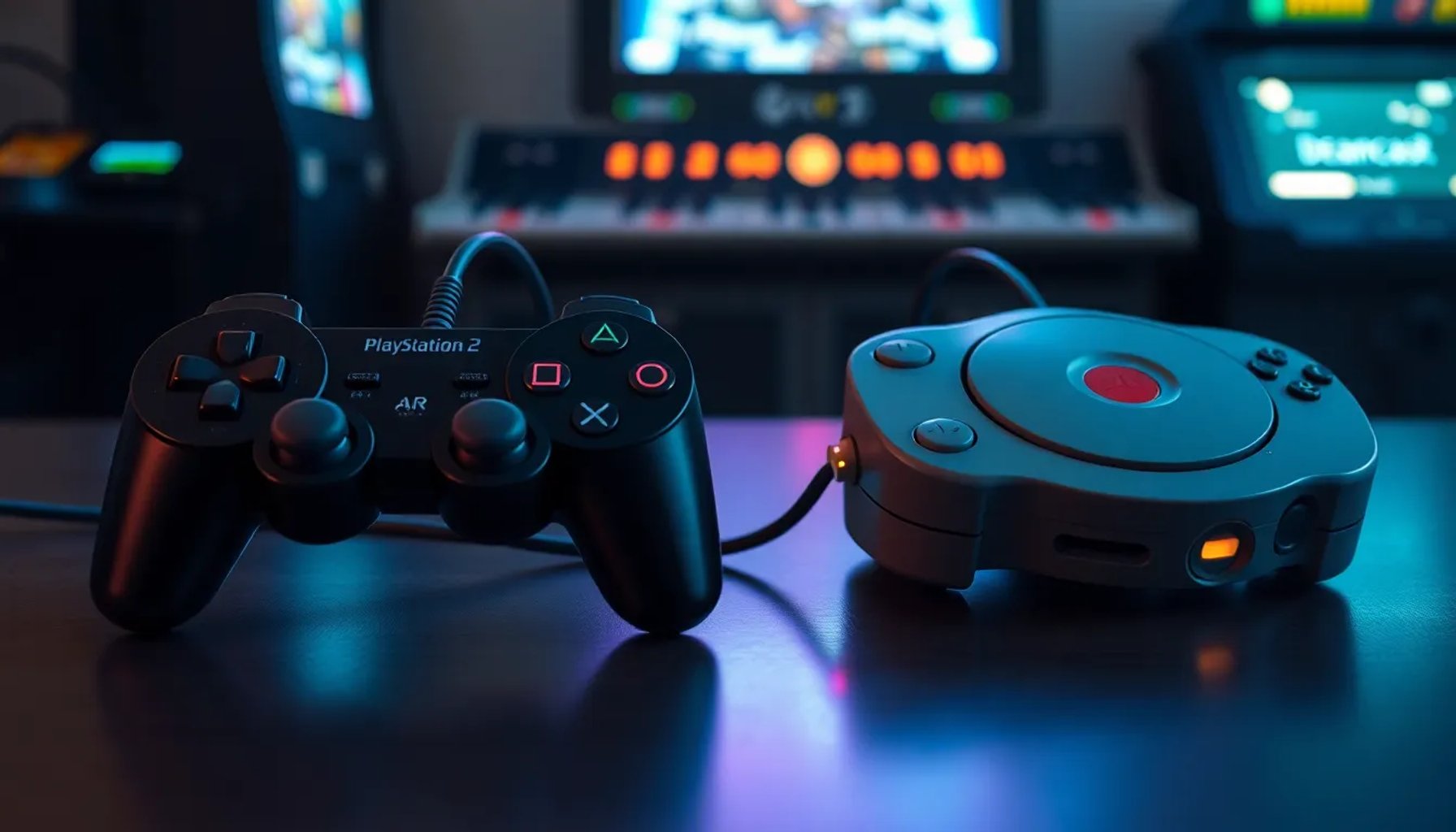 Jugadores de PS2 y Dreamcast compitiendo en una sala de arcade, simbolizando el primer crossplay de consolas