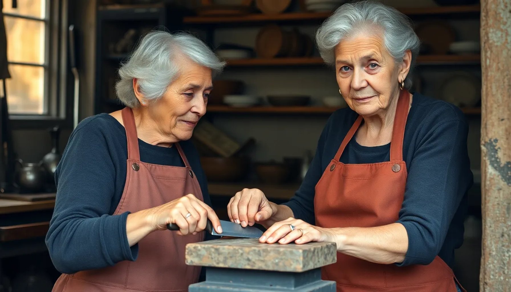 Carmen Martínez, de 81 años, afilando un cuchillo sobre una piedra de afilar en su taller de Madrid
