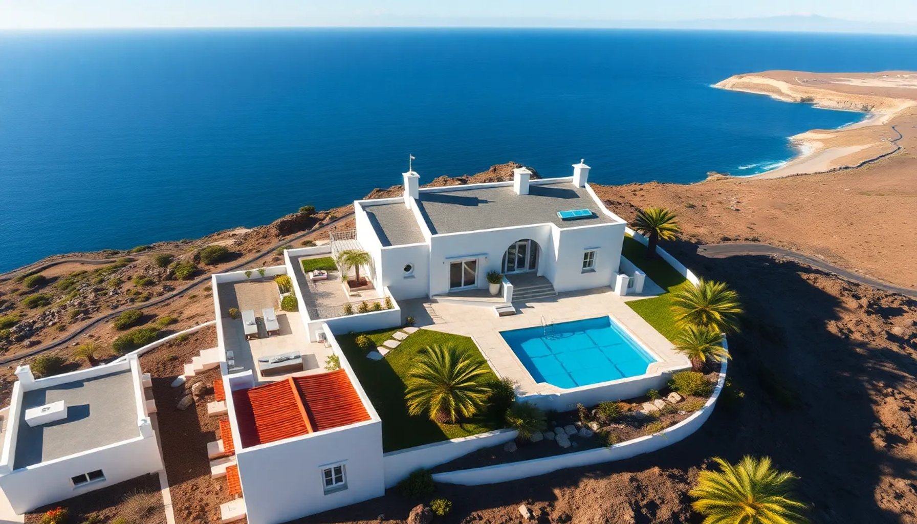 Vista aérea del cortijo de La Mareta en Lanzarote con el mar y la arquitectura típica española