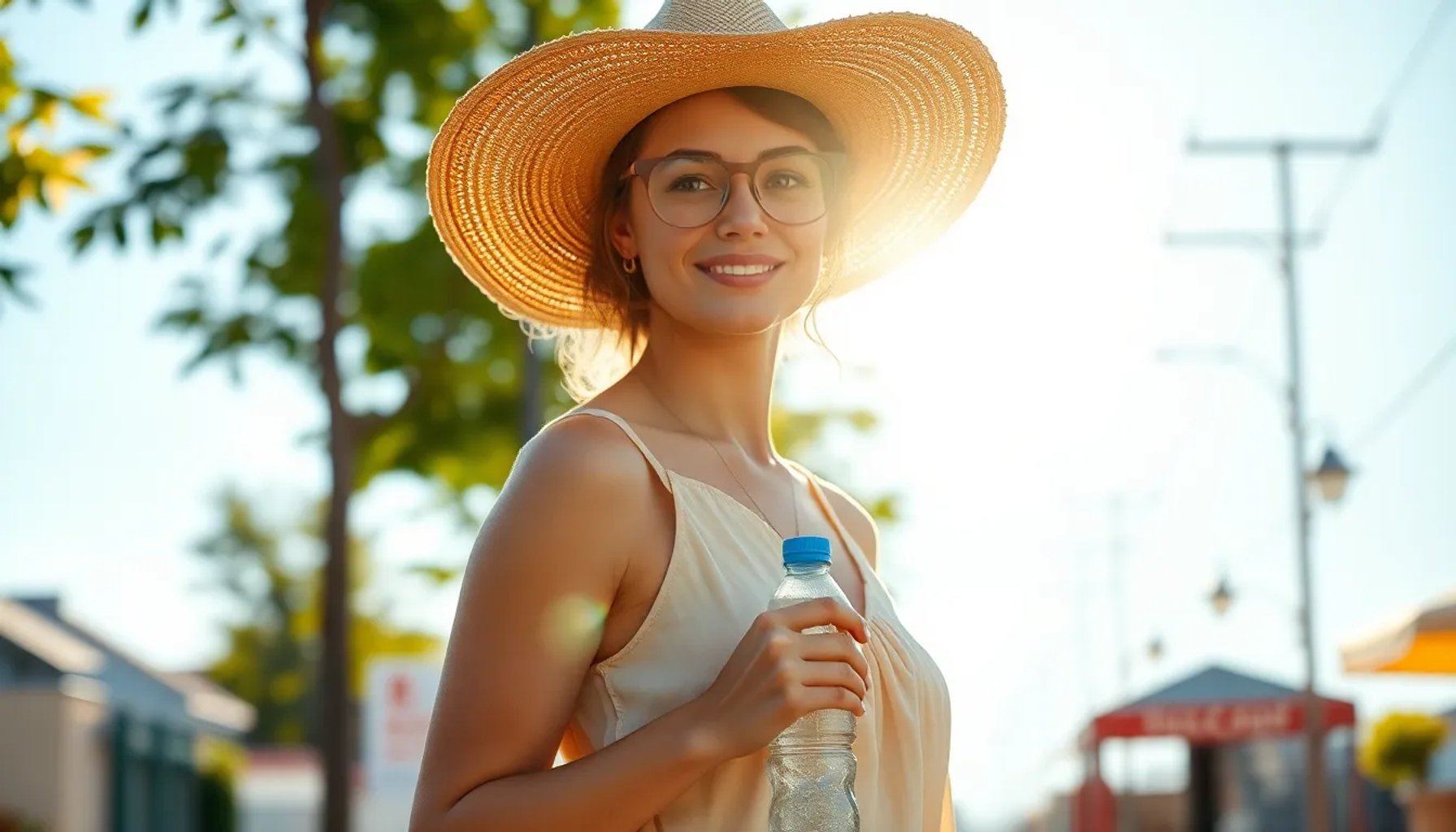 Persona bajo el sol intenso de verano, con ropa ligera y sombrero, buscando sombra mientras sostiene una botella de agua.