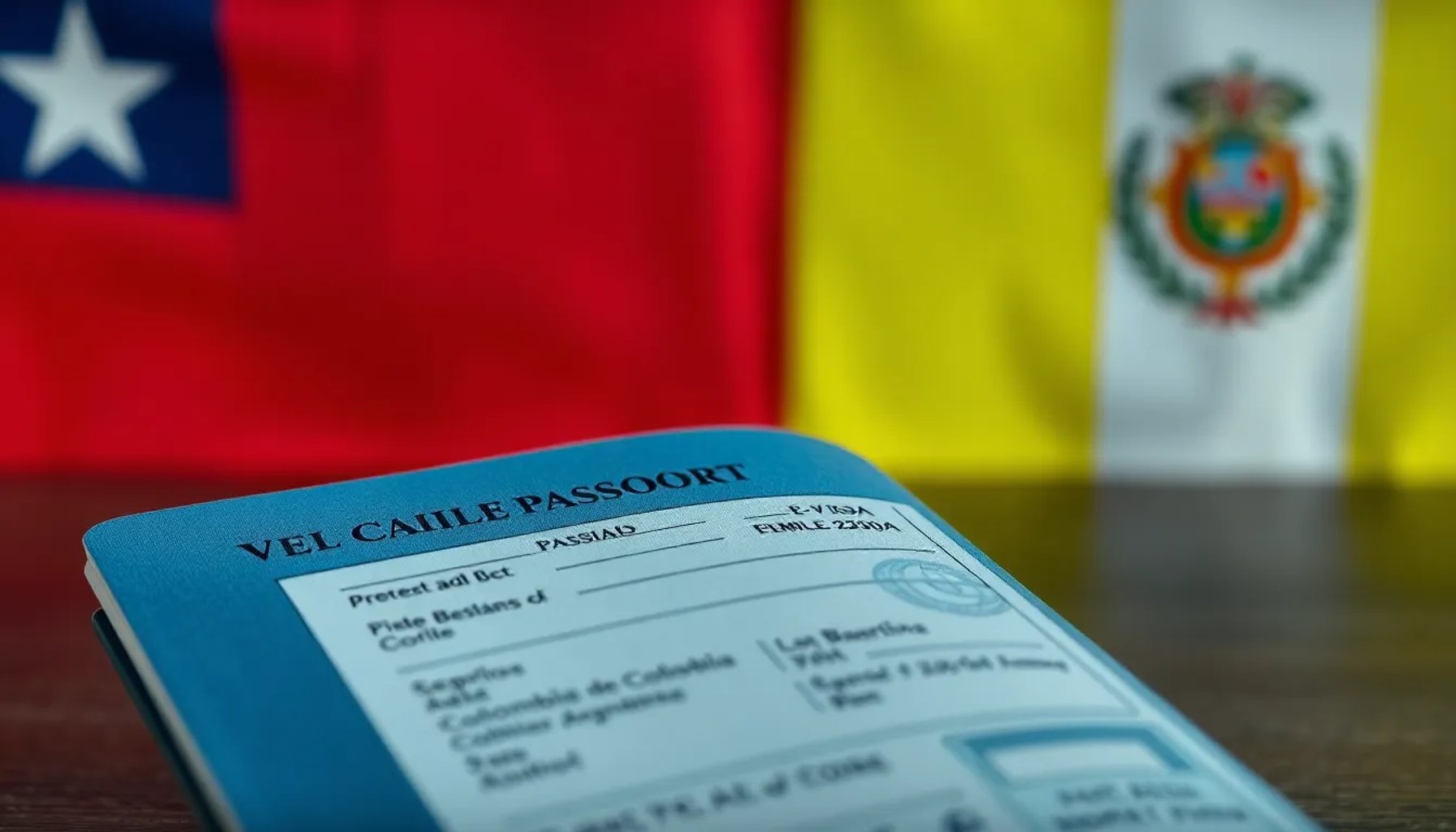Pasaporte abierto con sello de control migratorio y banderas de Chile, Colombia y Perú en el fondo