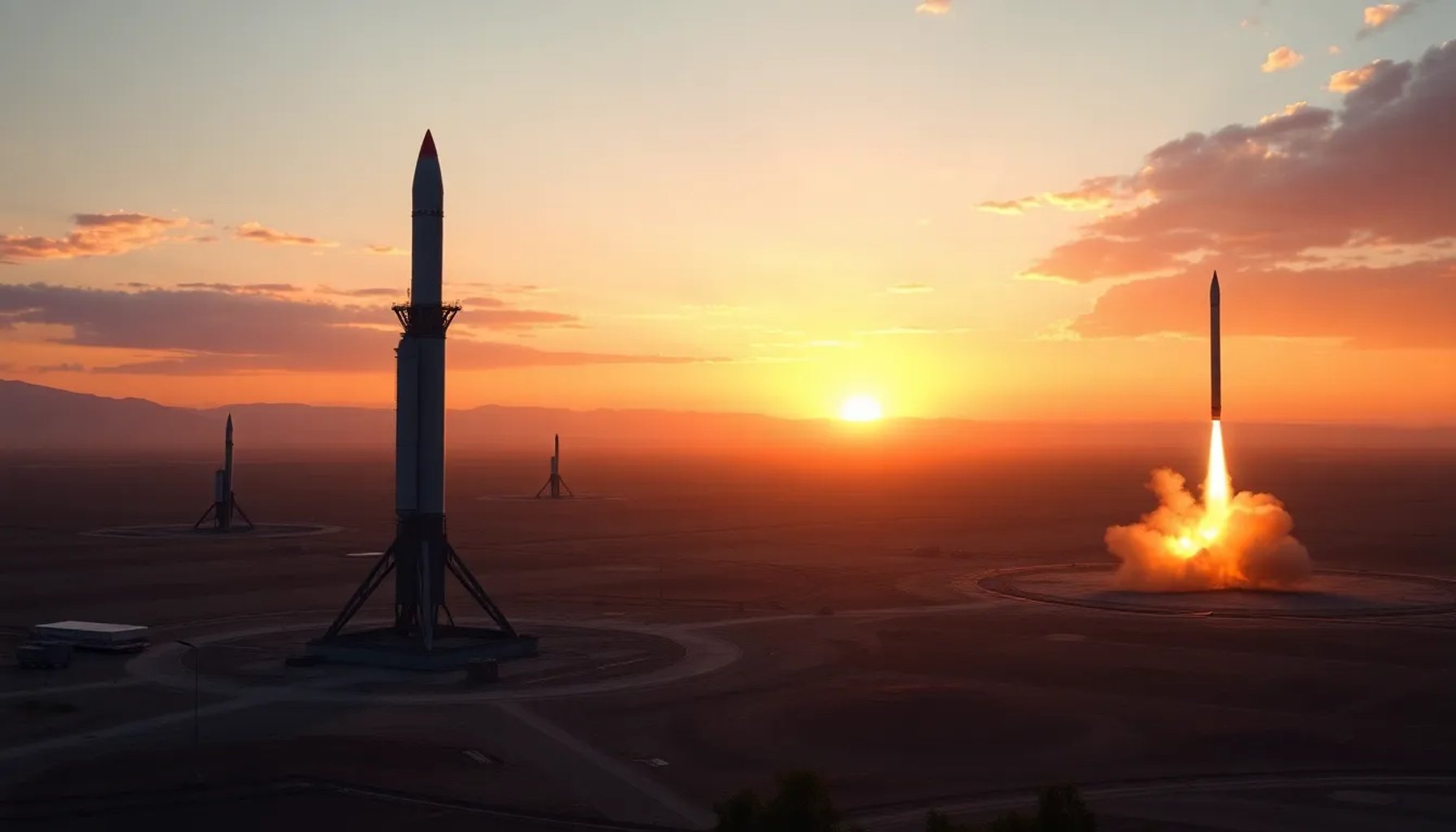 Complejo de pruebas de misiles balísticos de China bajo un cielo al atardecer