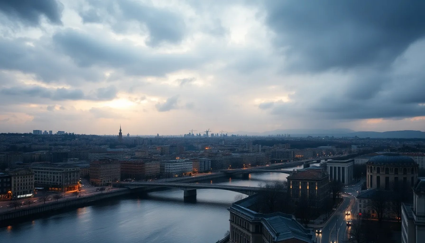 Cielo nublado y lluvia sobre el horizonte de Zaragoza, con edificios y el río Ebro al fondo
