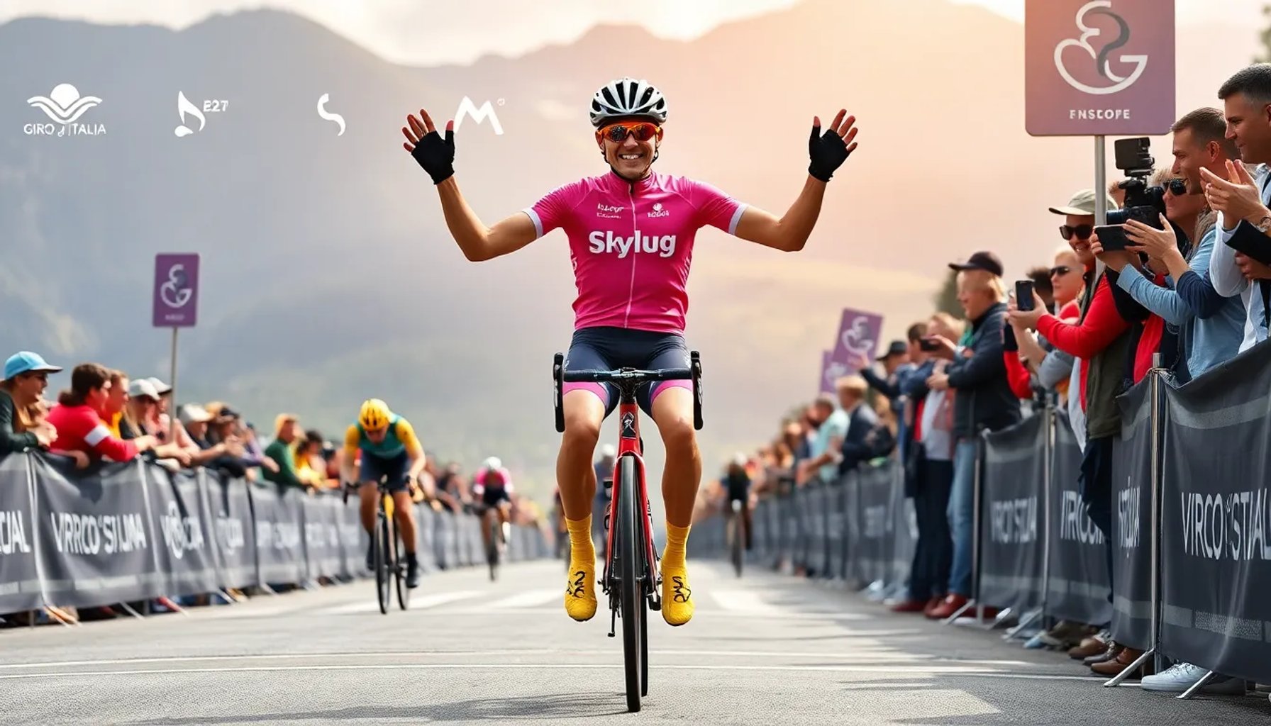 Jonas Vingegaard cruzando la meta con la camiseta rosa del Giro de Italia, rodeado de sus compañeros de equipo