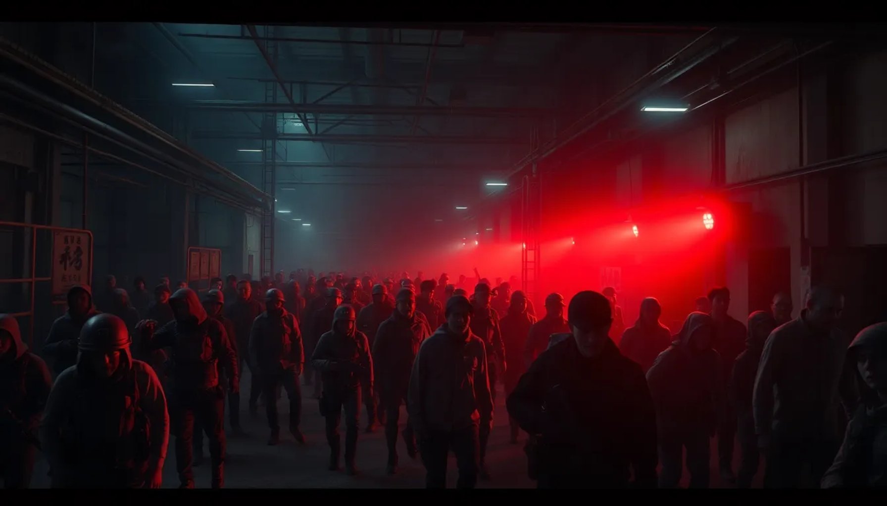 Escena nocturna de la película Colony con zombies emergiendo entre ruinas industriales iluminadas por luces de emergencia