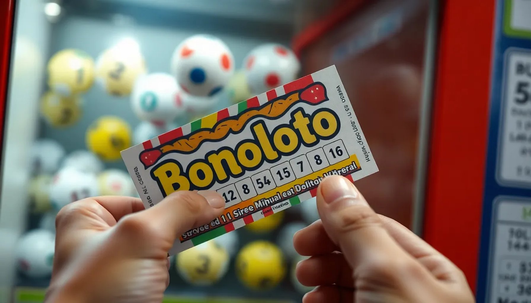 Persona sosteniendo un boleto de Bonoloto mientras revisa los números en una pantalla digital