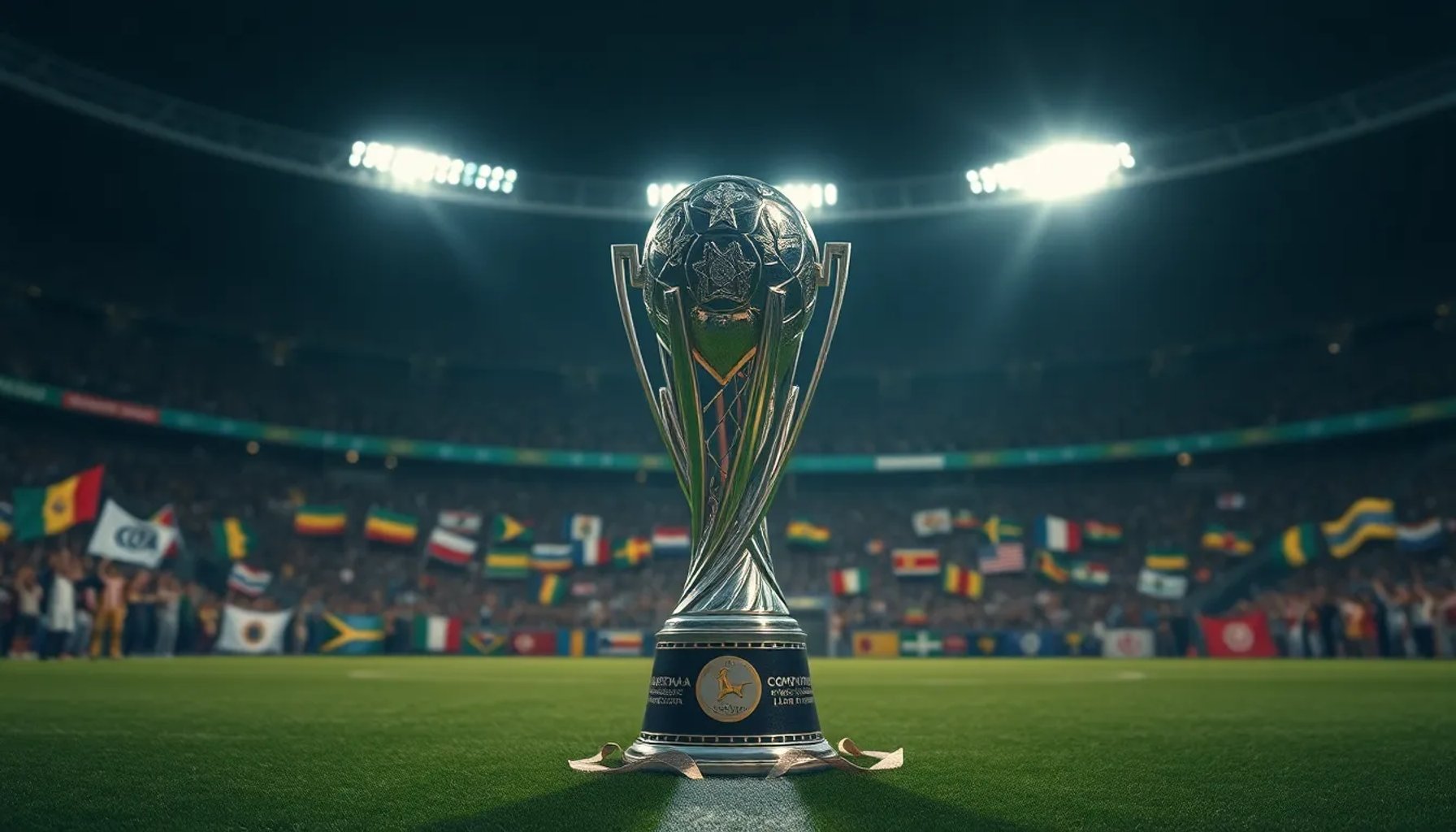 Imagen del trofeo de la Copa Libertadores bajo luces del estadio con banderas de los equipos participantes