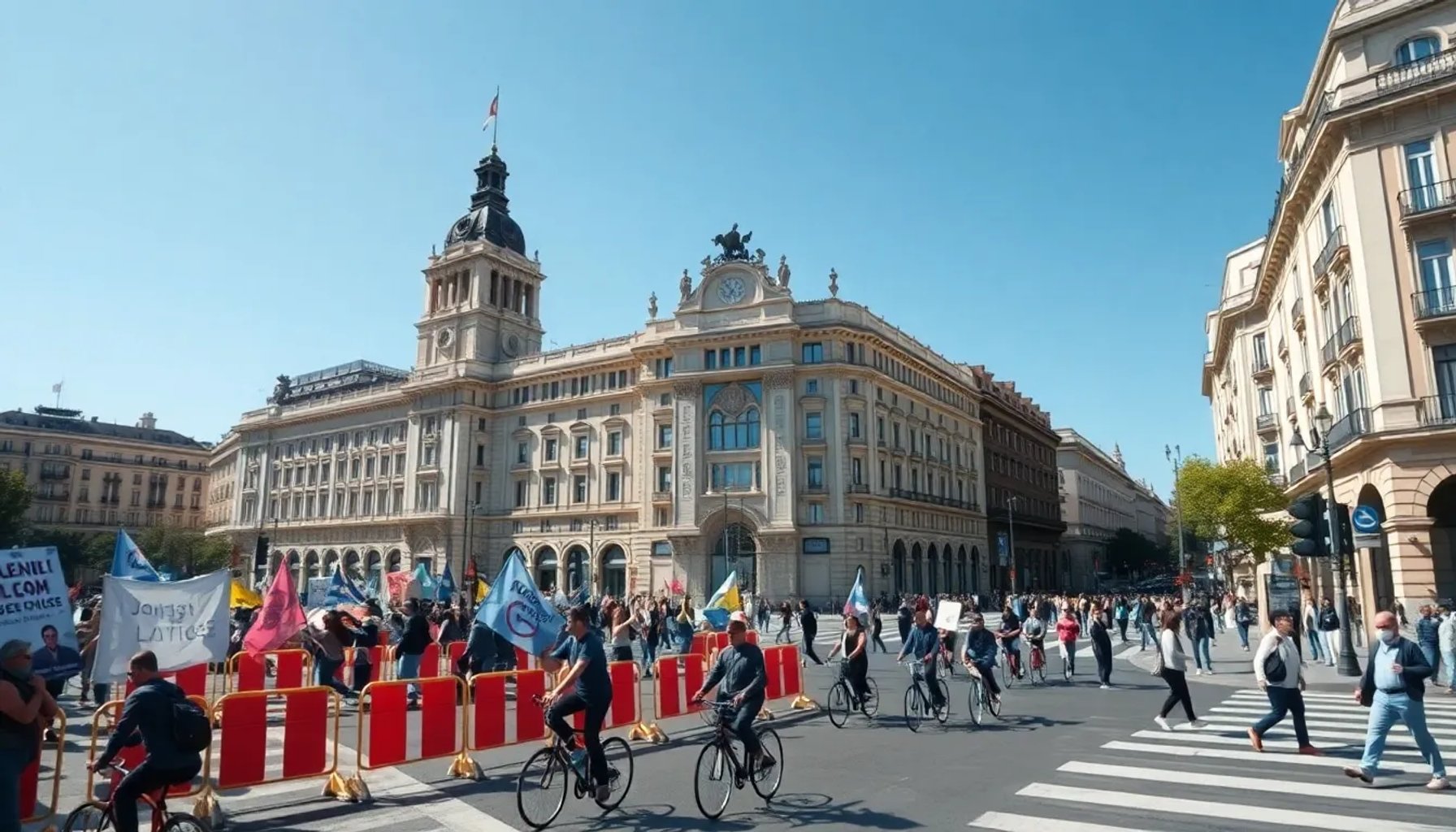 Vista aérea de la Gran Vía de Madrid con cortinas de tráfico y pancartas de una manifestación