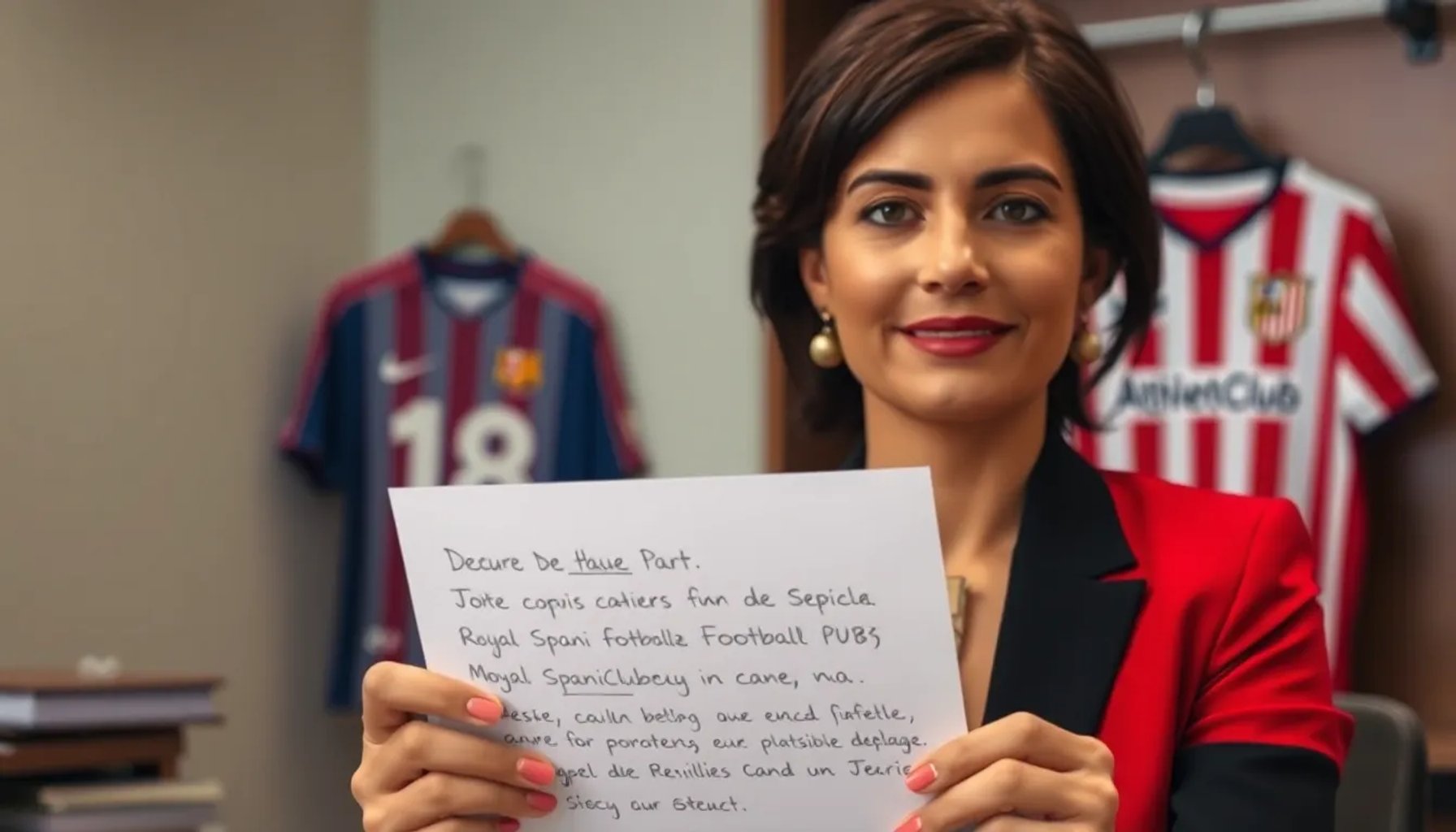 Cristina Ibarrola sosteniendo una carta dirigida a la RFEF sobre la nueva camiseta del Athletic Club