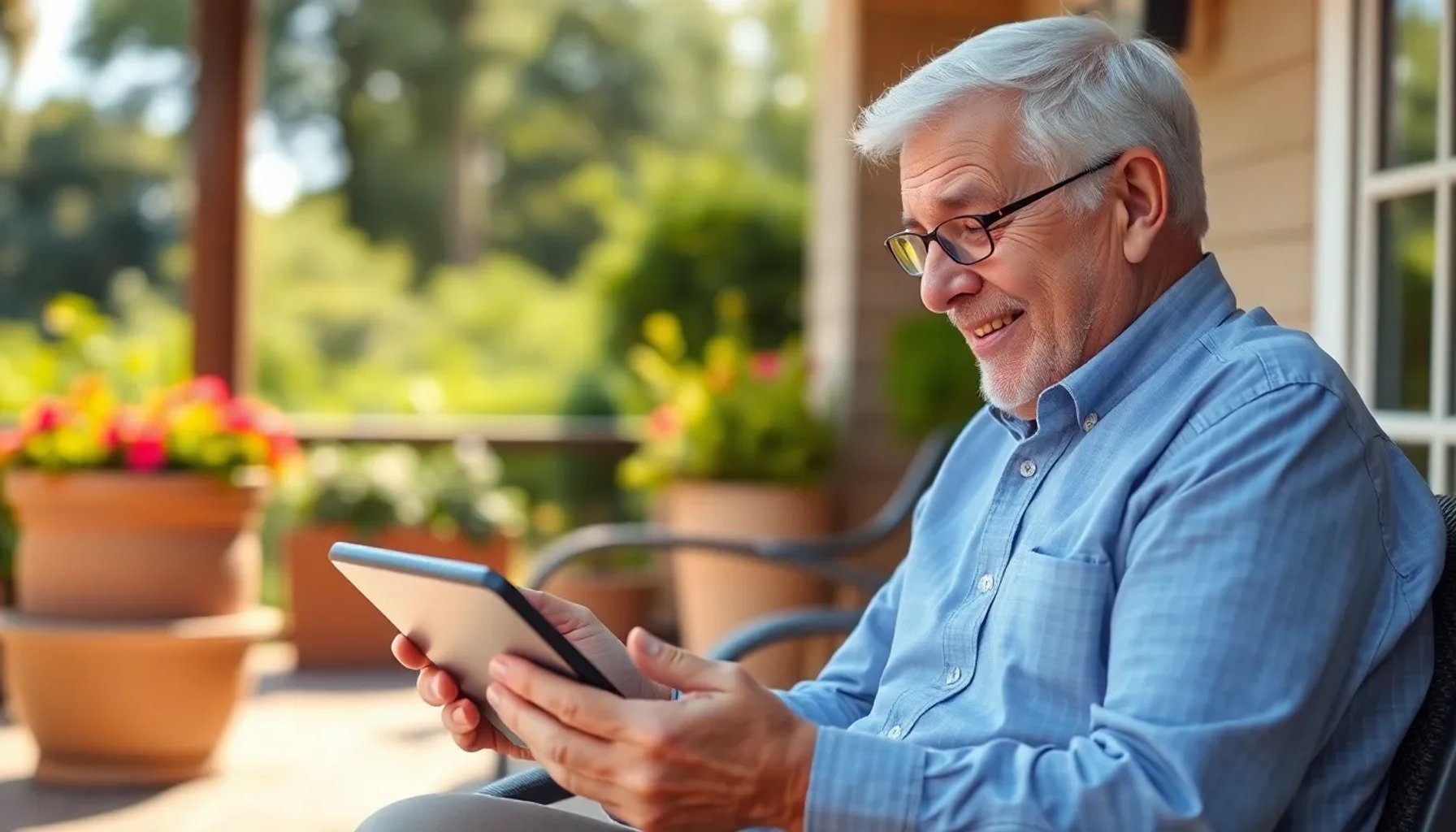 Jubilado sonriente revisando su cuenta bancaria en una tablet bajo el sol de verano