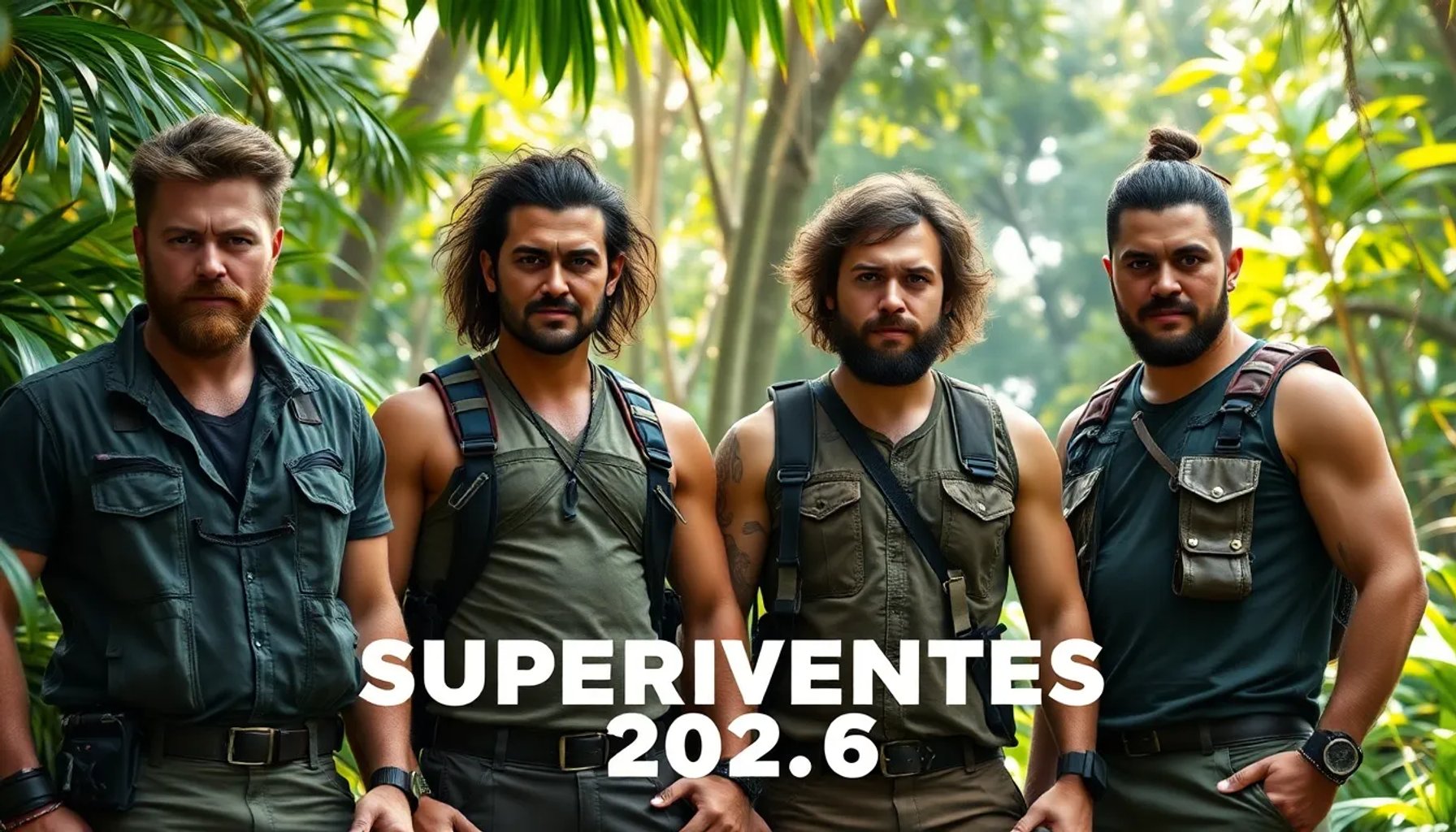 Cuatro concursantes de Supervivientes 2026 mirando hacia la cámara en un entorno de selva