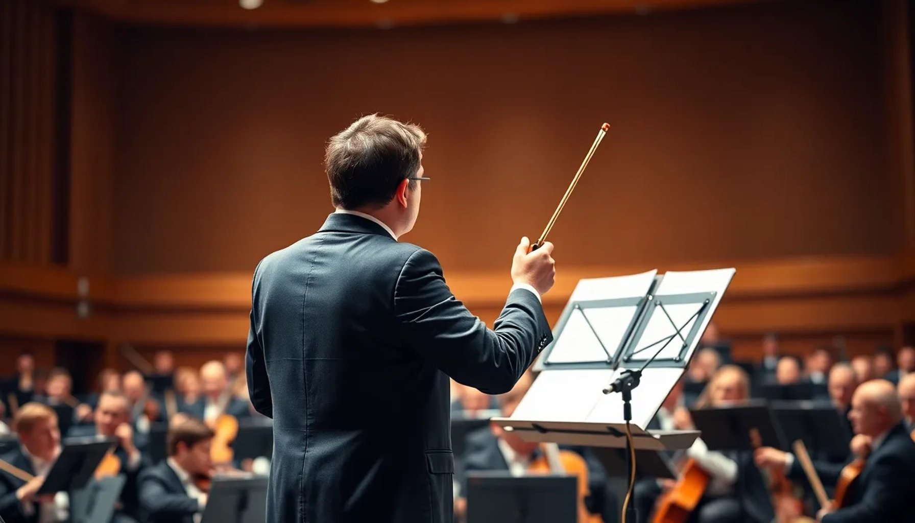 Director de orquesta alzando la batuta frente a una partitura mientras la orquesta lo sigue con atención