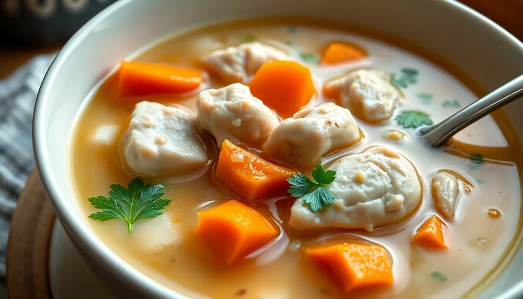 Plato de Waterzooi de pollo belga, caldo cremoso con trozos de pollo, verduras y hierbas frescas