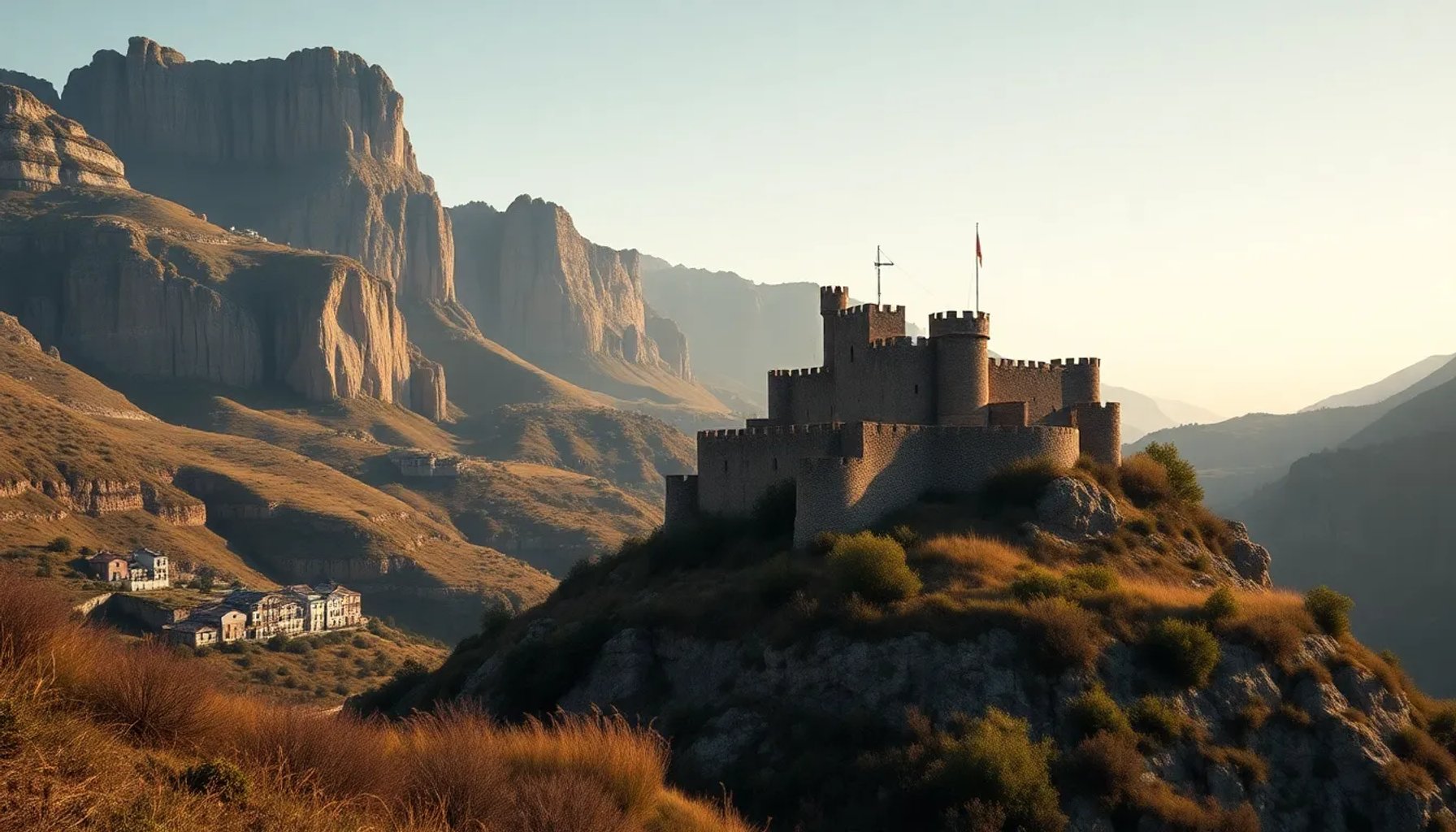 Vista panorámica del Castillo de Loarre con los picos rocosos del Parque Natural de la Sierra y los Cañones de Guara