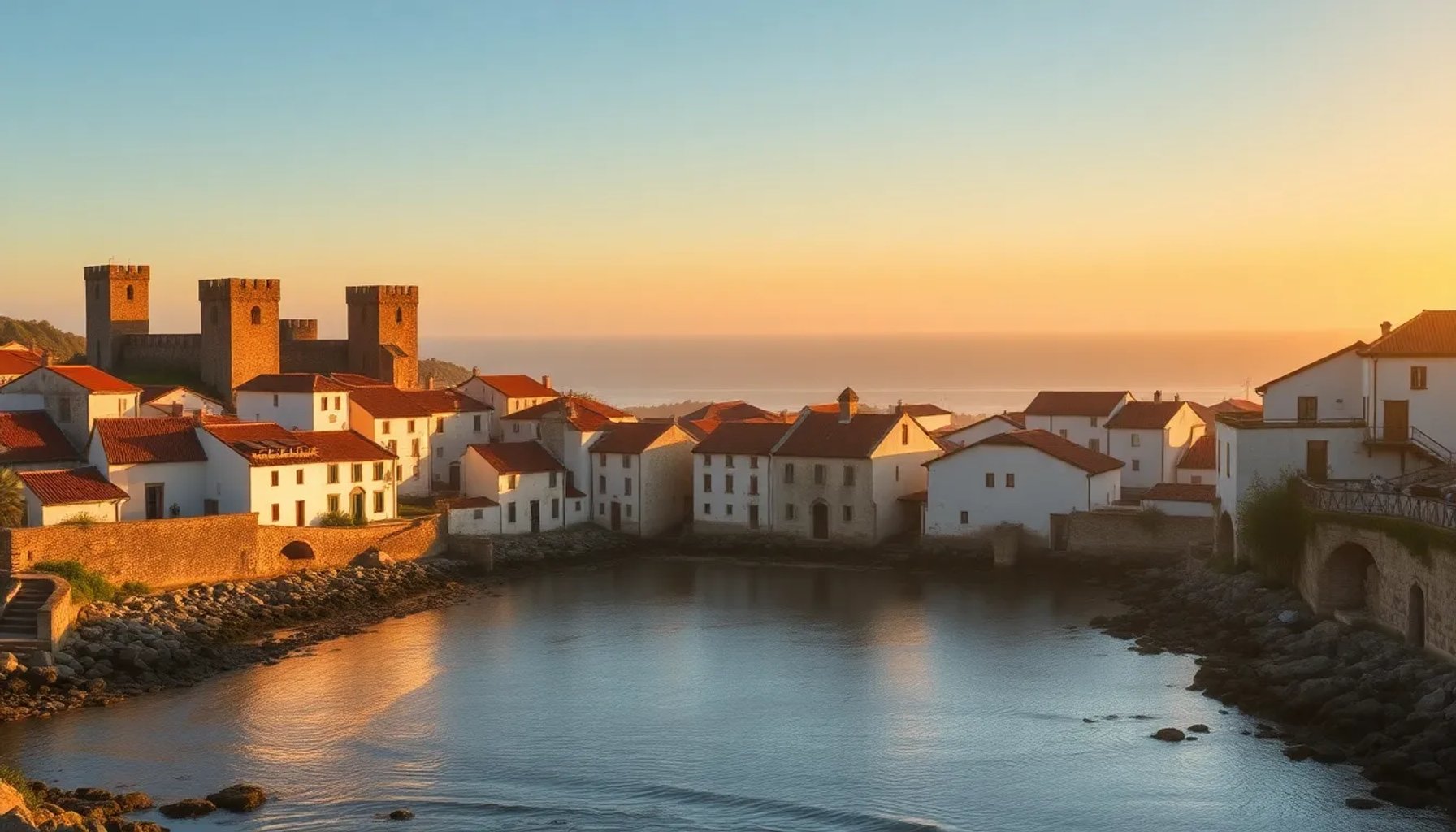 Vista panorámica del pueblo medieval gallego con torres de piedra frente a la ría de la Costa da Morte