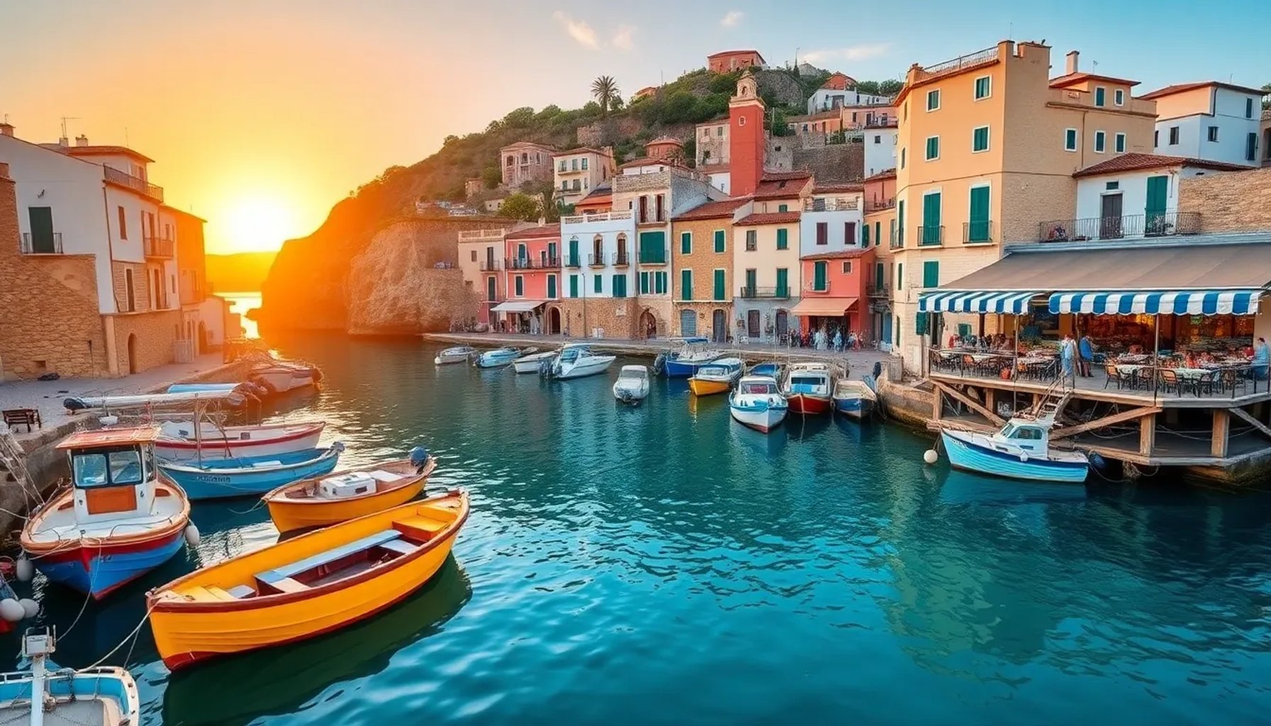 Pueblo pesquero mediterráneo con barcos coloridos y restaurantes frente al mar al atardecer