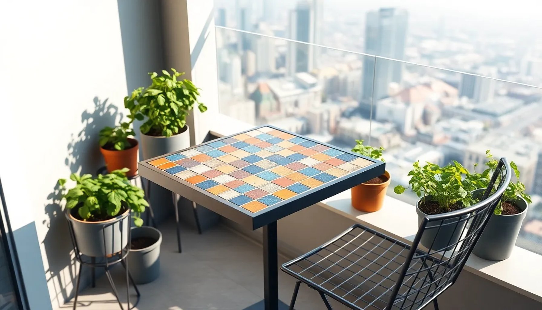Mesa auxiliar de mosaico colorido de Lidl sobre una terraza pequeña con sillas y plantas