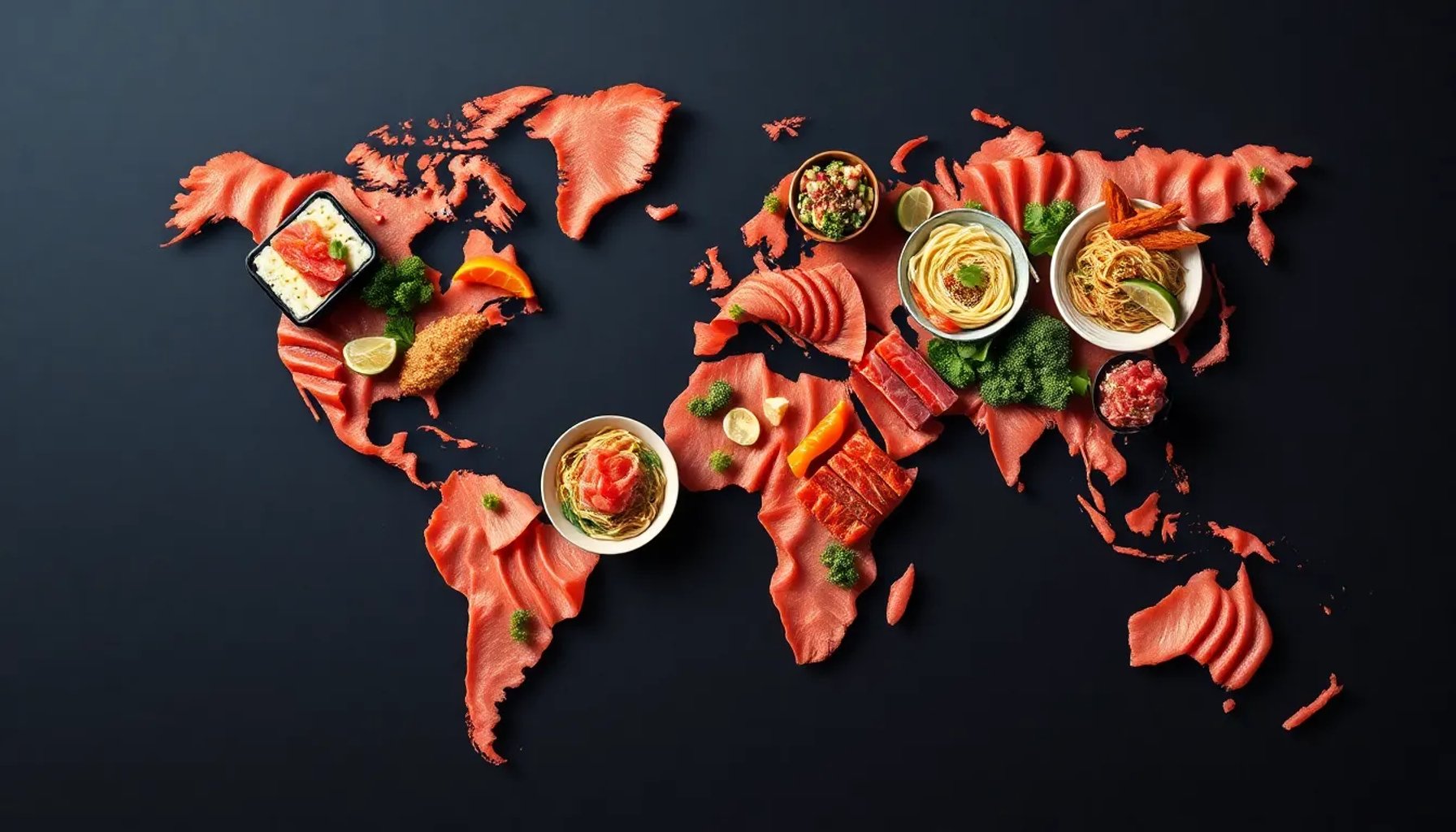 Variedad de platos internacionales con atún, desde sushi hasta ceviche, sobre una mesa colorida