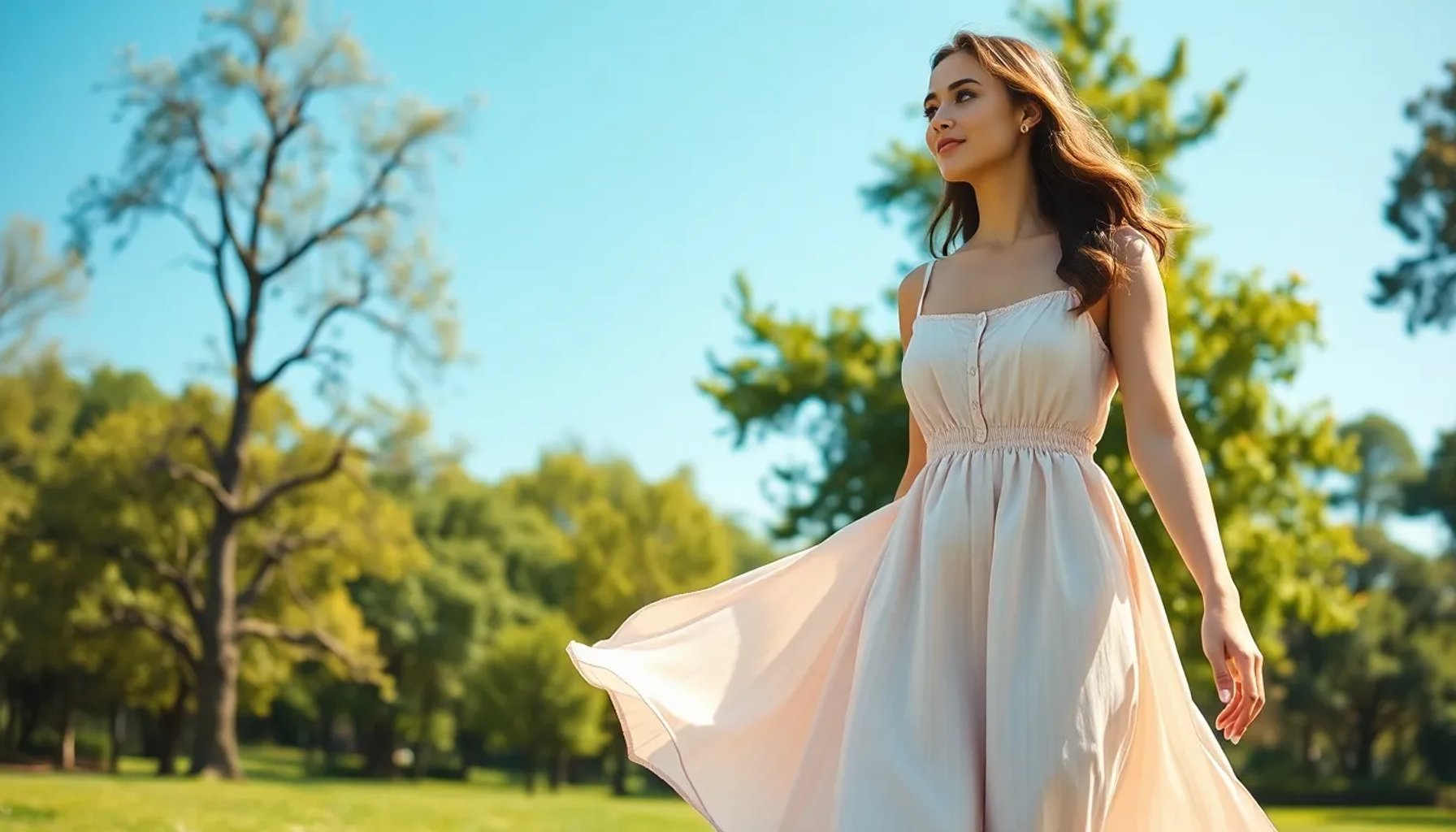 Mujer caminando en un parque bajo el sol, luciendo un vestido fluido de colores pastel de Zara