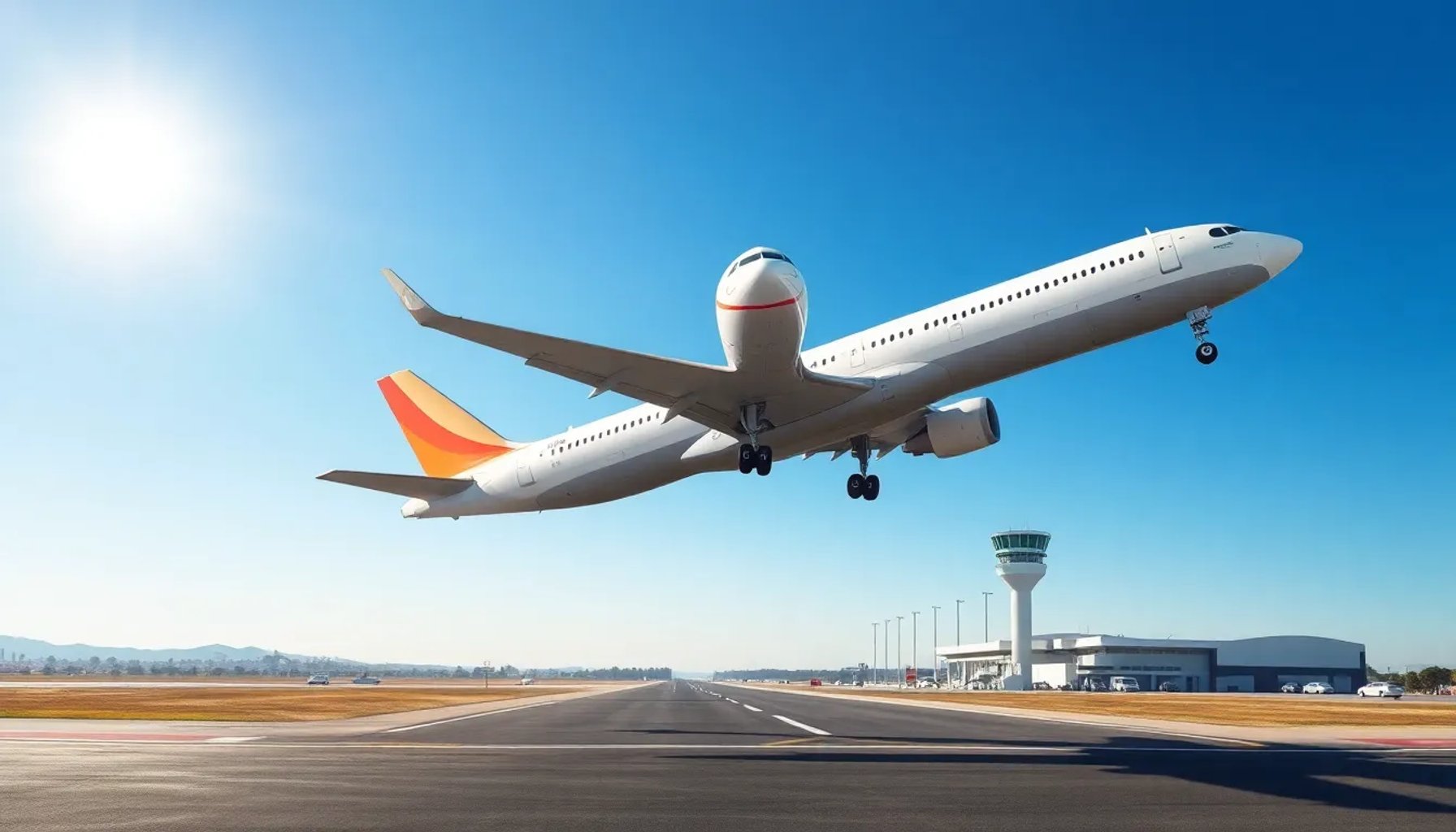 Avión despegando sobre la pista del aeropuerto de Castellón bajo un cielo azul brillante