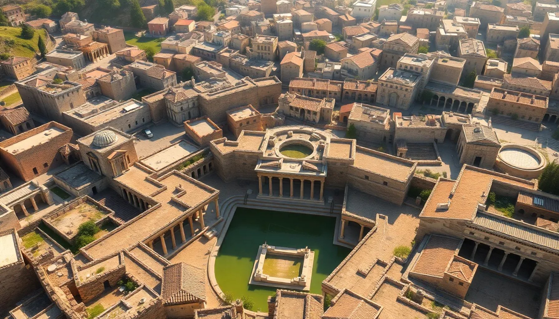 Vista aérea de la ciudad romana con termas, murallas y foro, a dos horas de Madrid