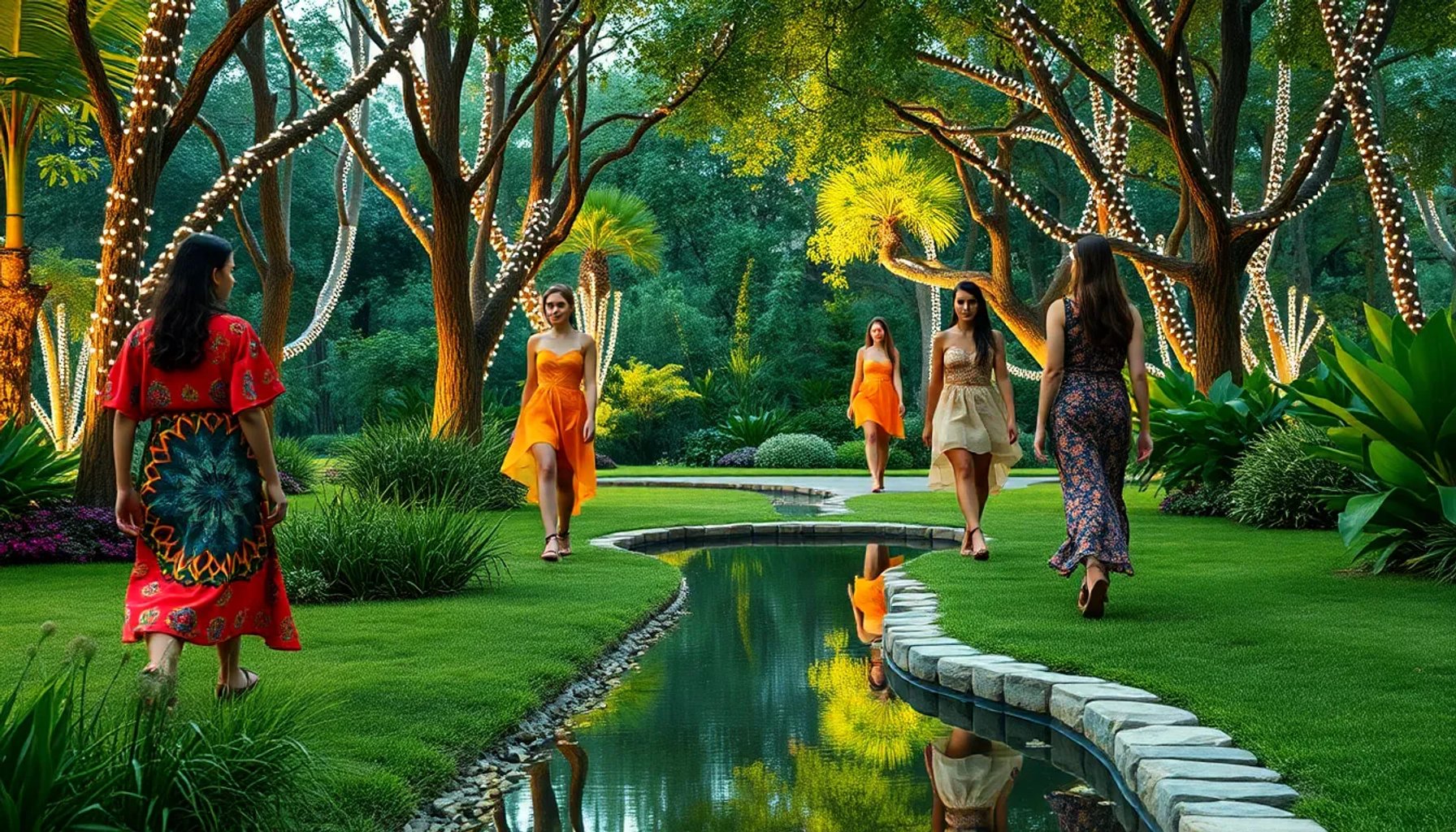 Modelo desfilando en los Jardines de las Vistillas con ropa hecha de materiales reciclados, bajo luces LED y entorno verde