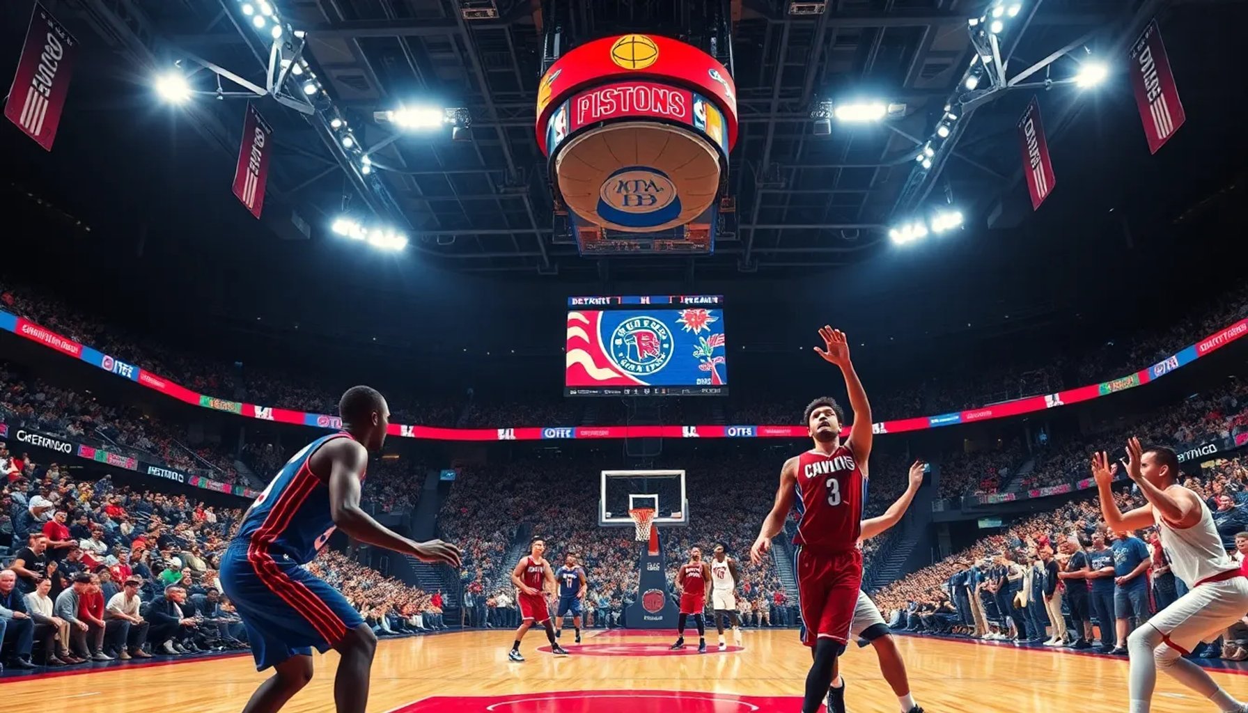 Jugadores de los Detroit Pistons y Cleveland Cavaliers compitiendo en la cancha durante los playoffs de la NBA 2026