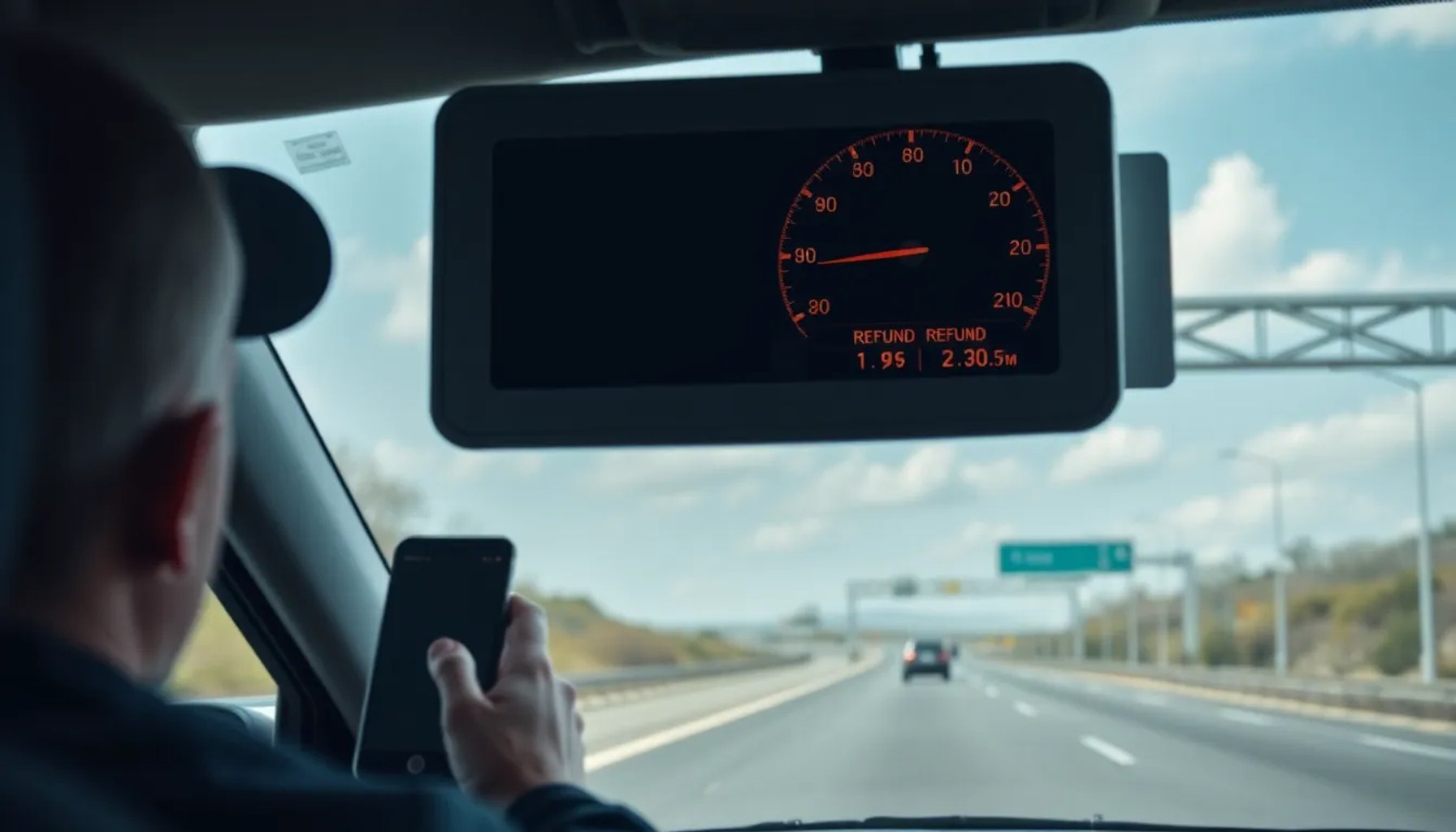 Conductor revisa su notificación de reembolso mientras un radar de velocidad mal señalizado se muestra en la carretera