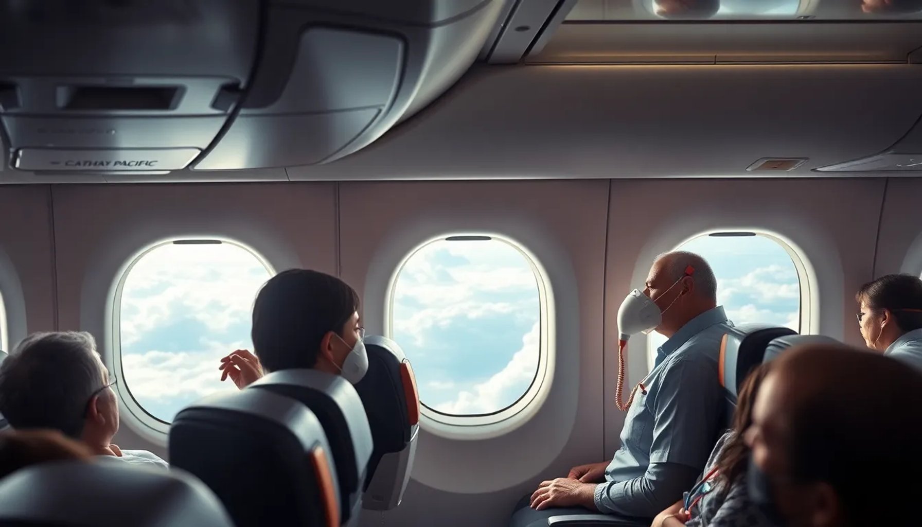 Pasajeros recibiendo atención médica en el interior de un avión Cathay Pacific tras turbulencias severas